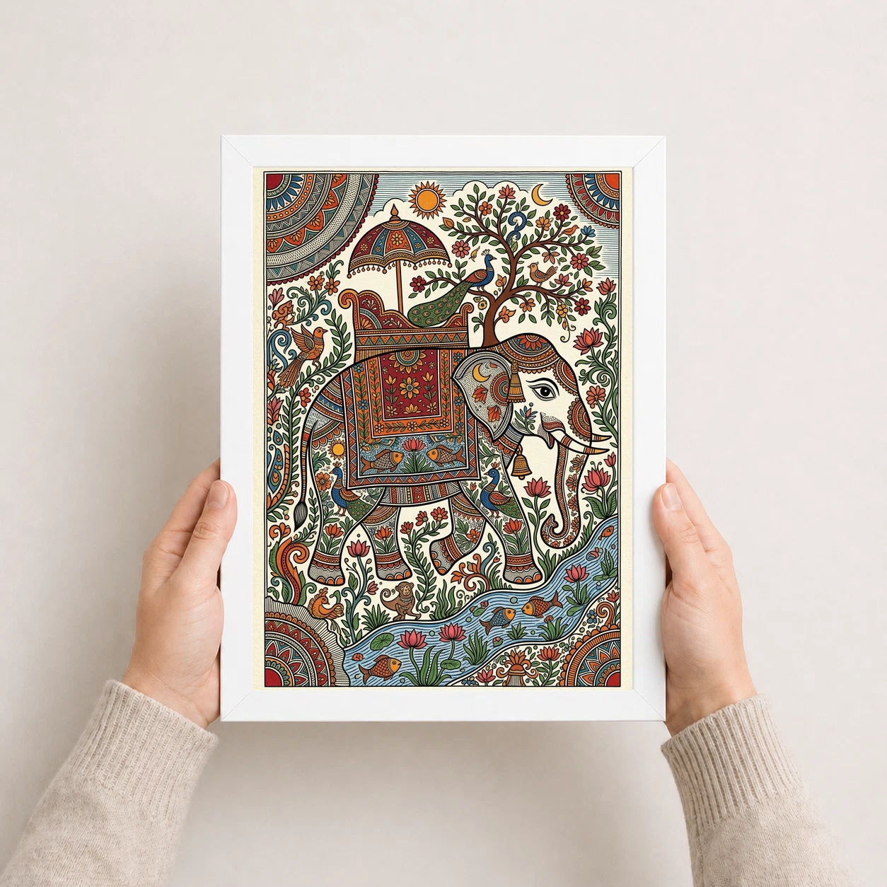 Madhubani Elephant Motif Bold Colorful Auspicious Folk Art Photo Frame, view 5