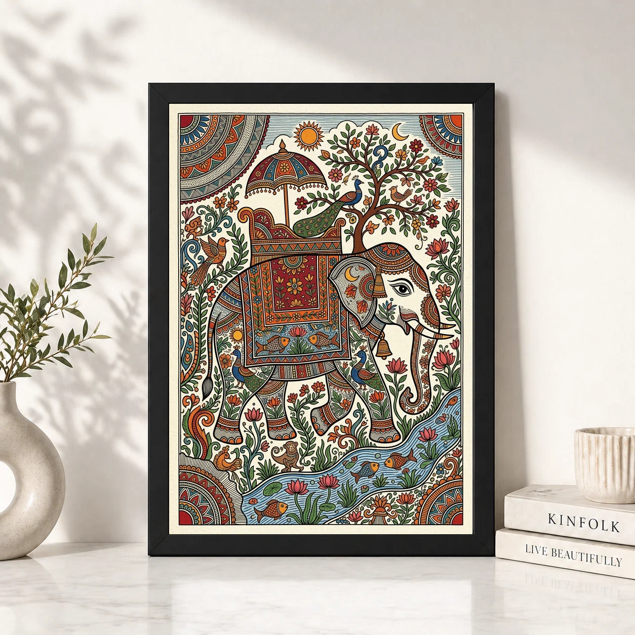 Madhubani Elephant Motif Bold Colorful Auspicious Folk Art Photo Frame, view 6