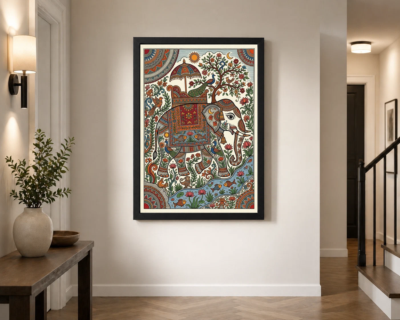 Madhubani Elephant Motif Bold Colorful Auspicious Folk Art Photo Frame, view 7
