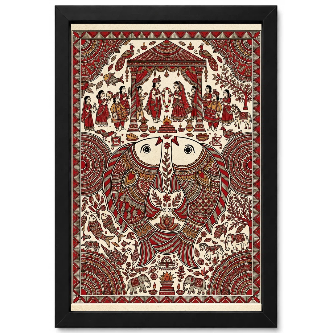 Madhubani Fish Motifs Marriage Red Black Bihar Traditional Art Photo Frame