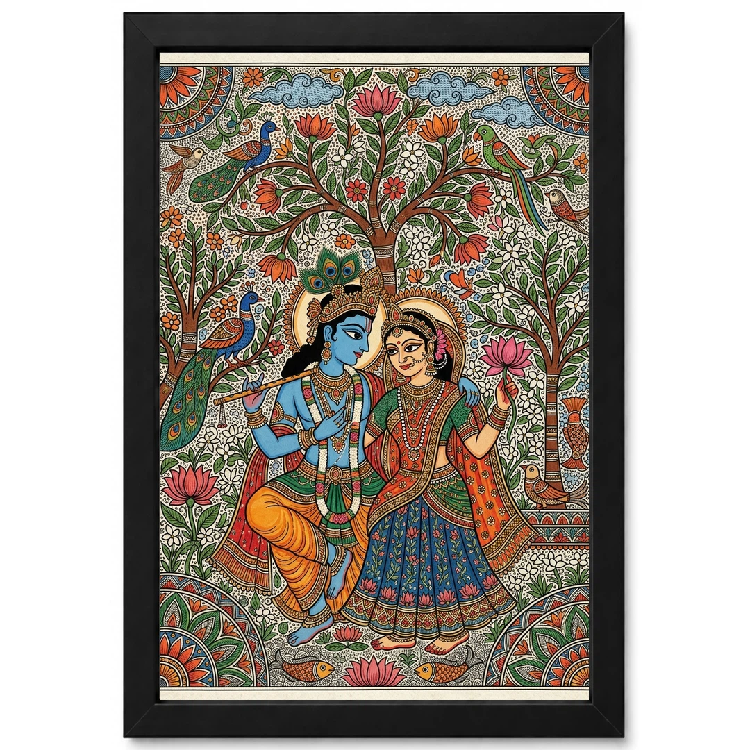 Madhubani Krishna Radha Folk Patterns Vibrant Bihar Art Photo Frame