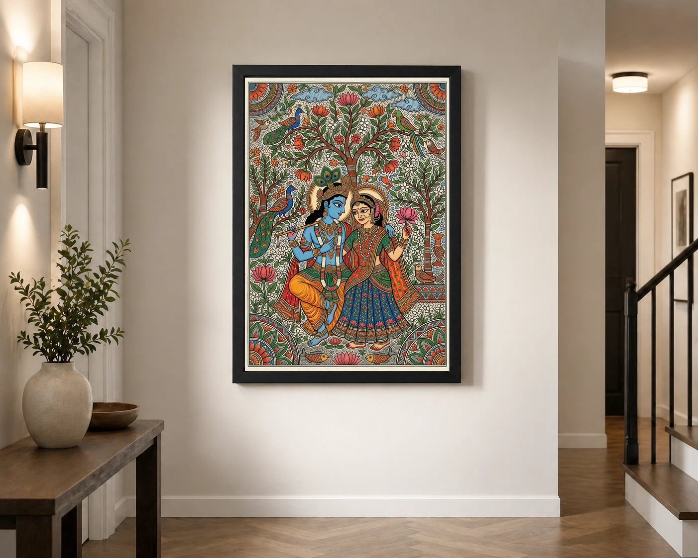 Madhubani Krishna Radha Folk Patterns Vibrant Bihar Art Photo Frame, view 3