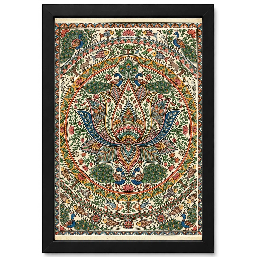 Madhubani Lotus Mandala Intricate Nature Geometry Folk Art Photo Frame