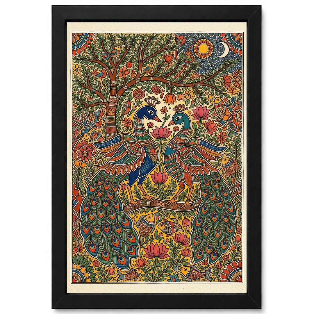 Madhubani Painting Peacock Pair Bold Bihar Folk Art Photo Frame