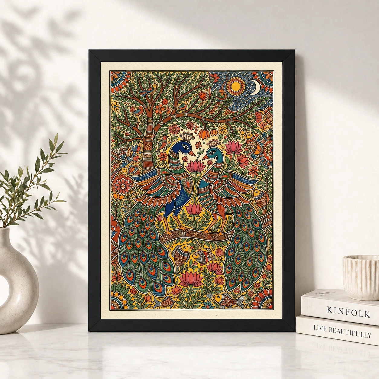 Madhubani Painting Peacock Pair Bold Bihar Folk Art Photo Frame, view 2