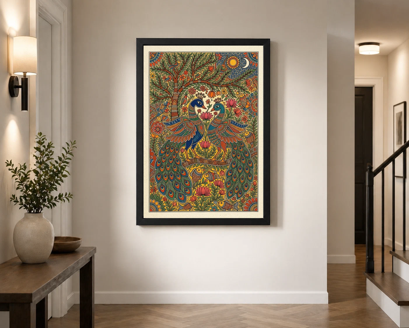 Madhubani Painting Peacock Pair Bold Bihar Folk Art Photo Frame, view 3