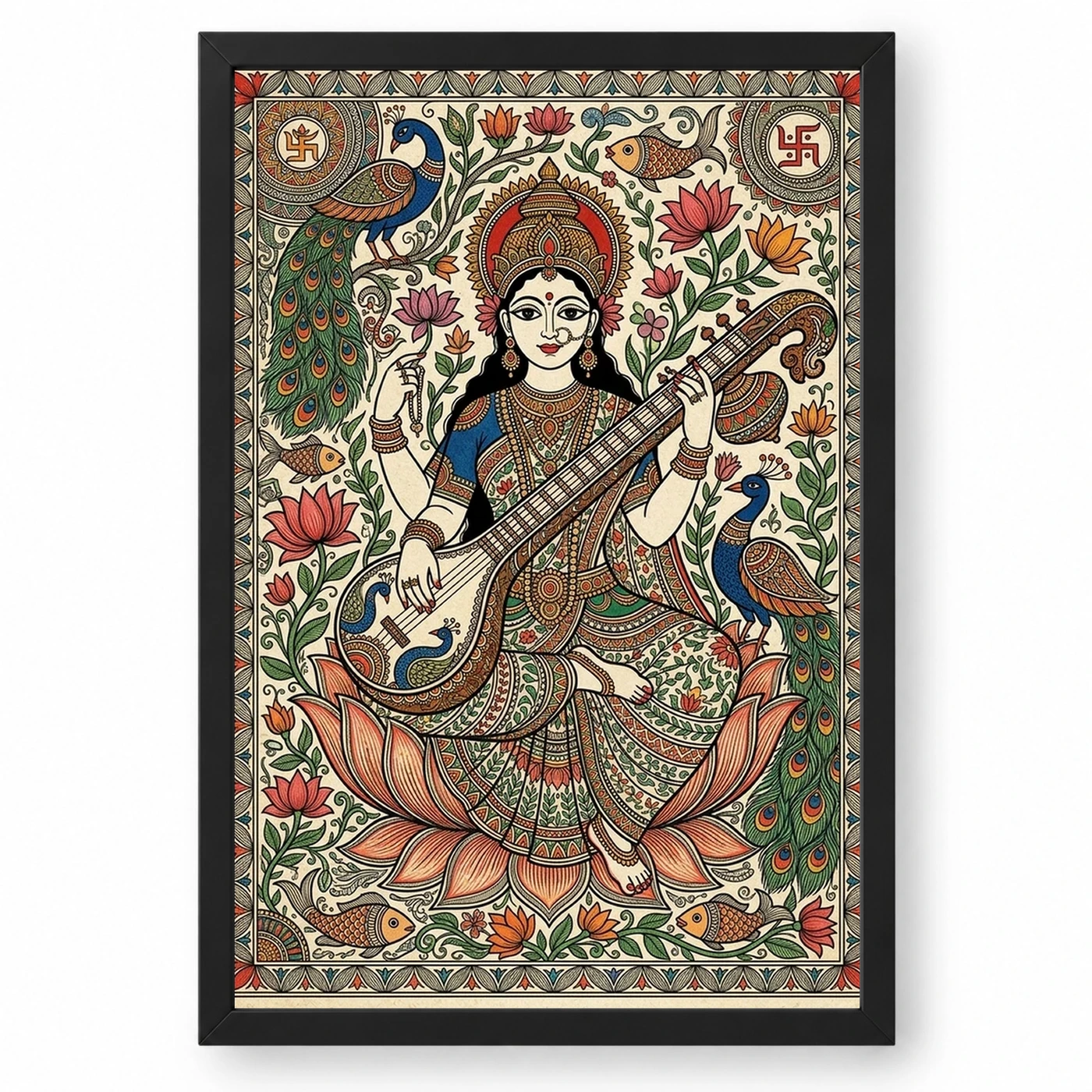 Madhubani Saraswati — Veena Folk Art Frame