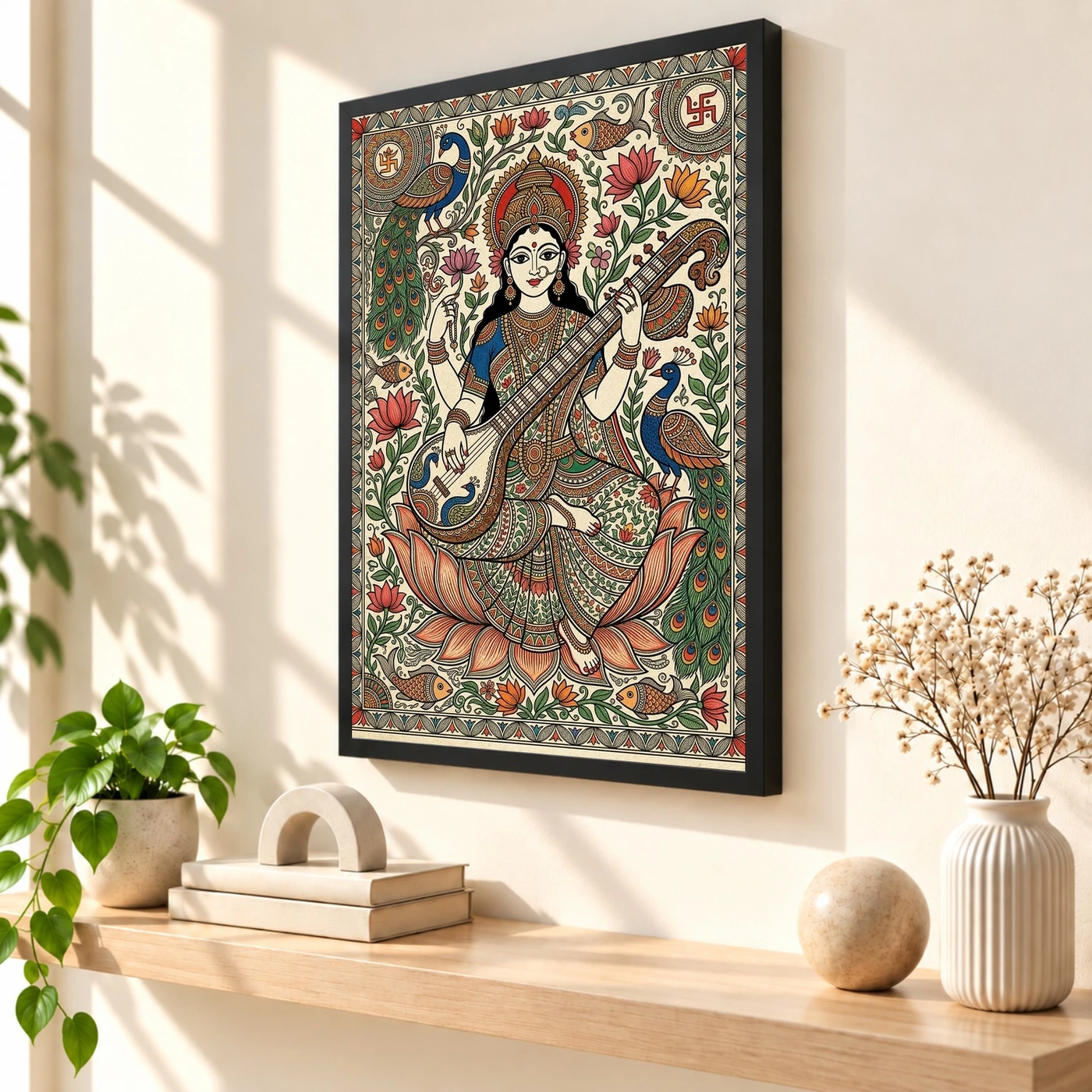 Madhubani Saraswati — Veena Folk Art Frame, view 2