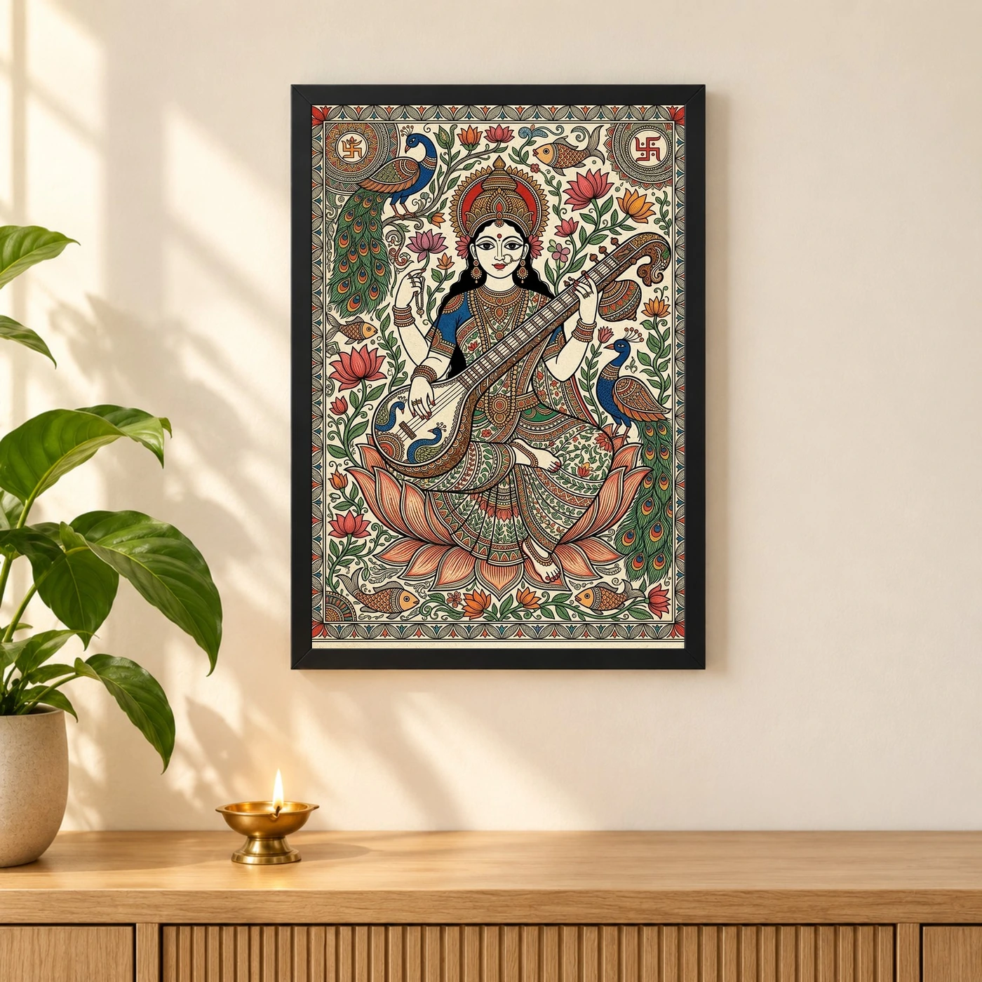 Madhubani Saraswati — Veena Folk Art Frame, view 3