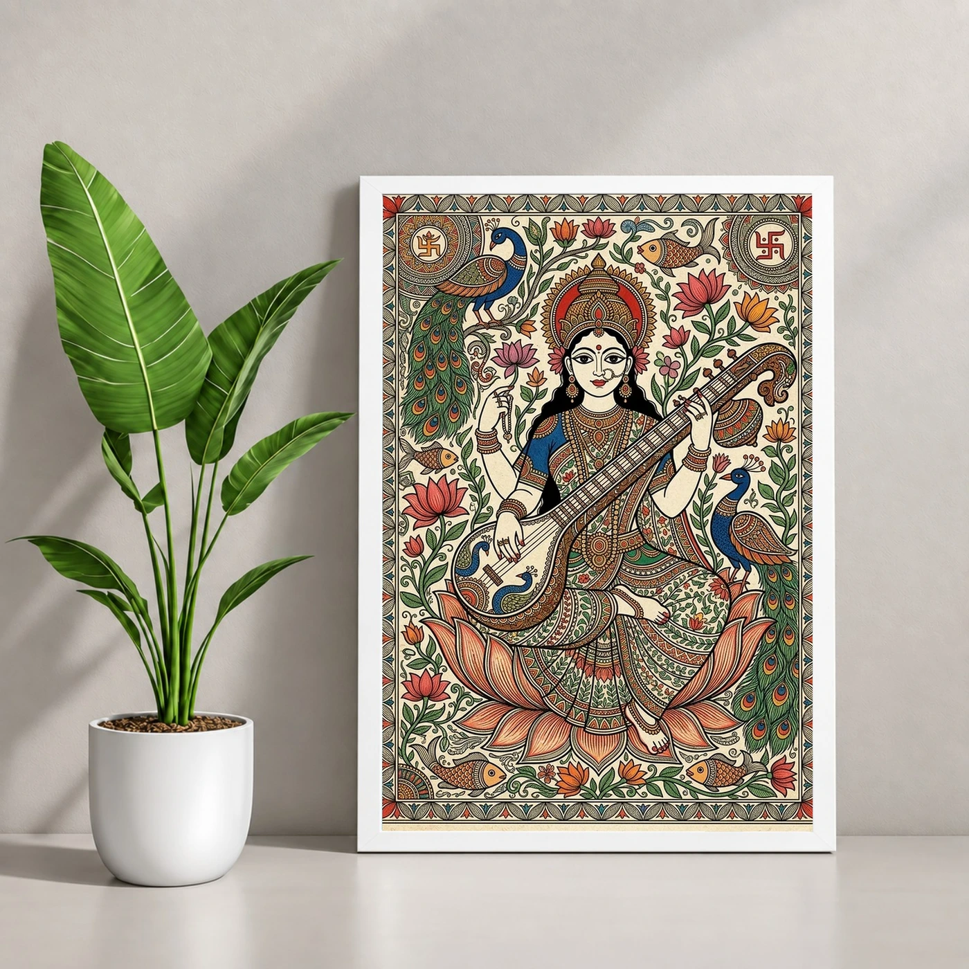 Madhubani Saraswati — Veena Folk Art Frame, view 4