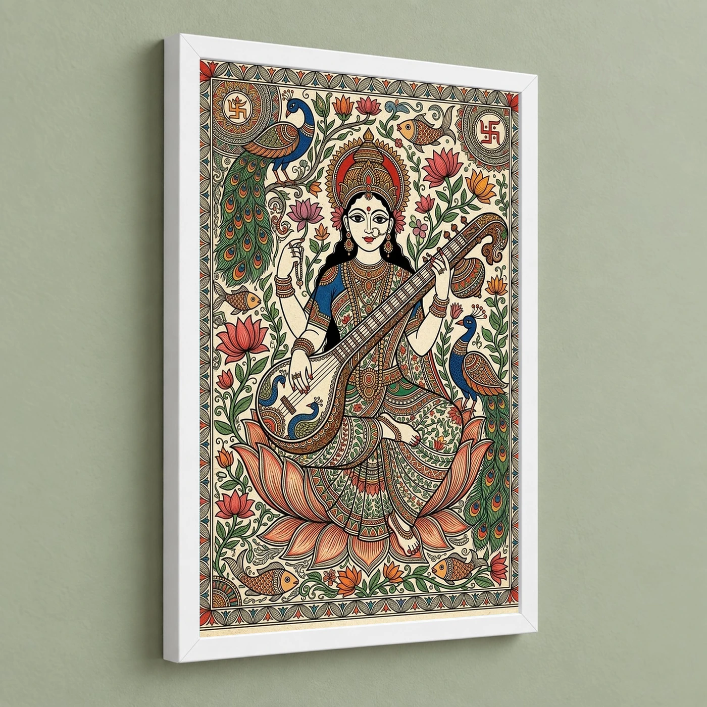 Madhubani Saraswati — Veena Folk Art Frame, view 5