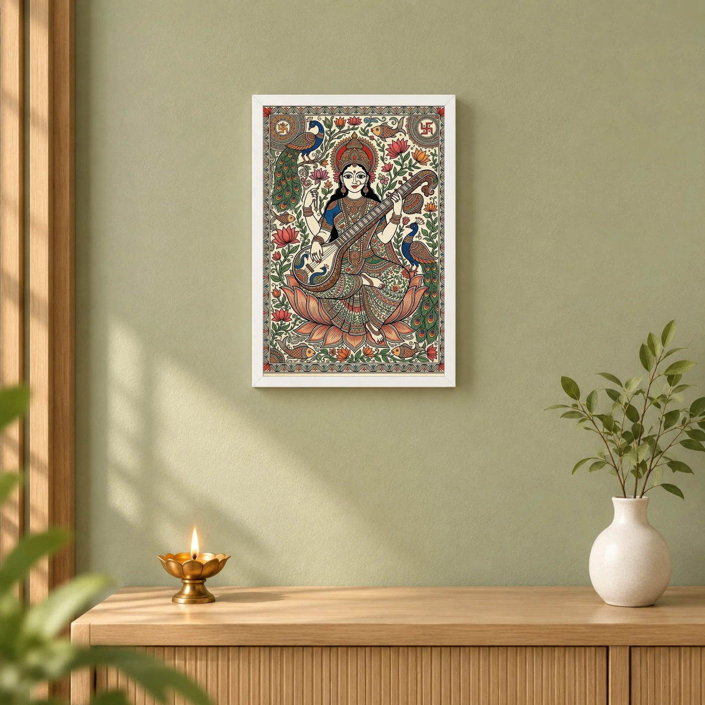 Madhubani Saraswati — Veena Folk Art Frame, view 6