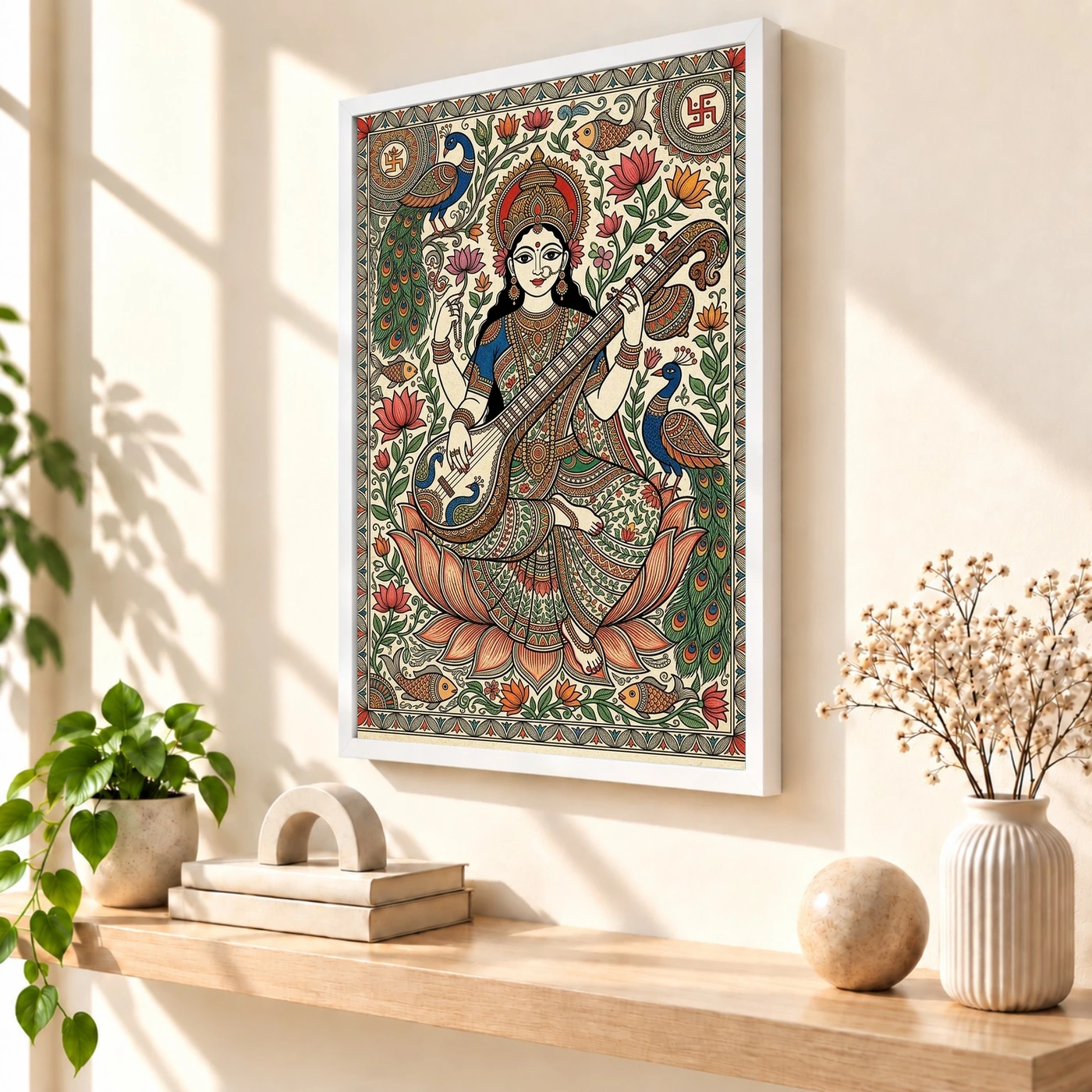 Madhubani Saraswati — Veena Folk Art Frame, view 7