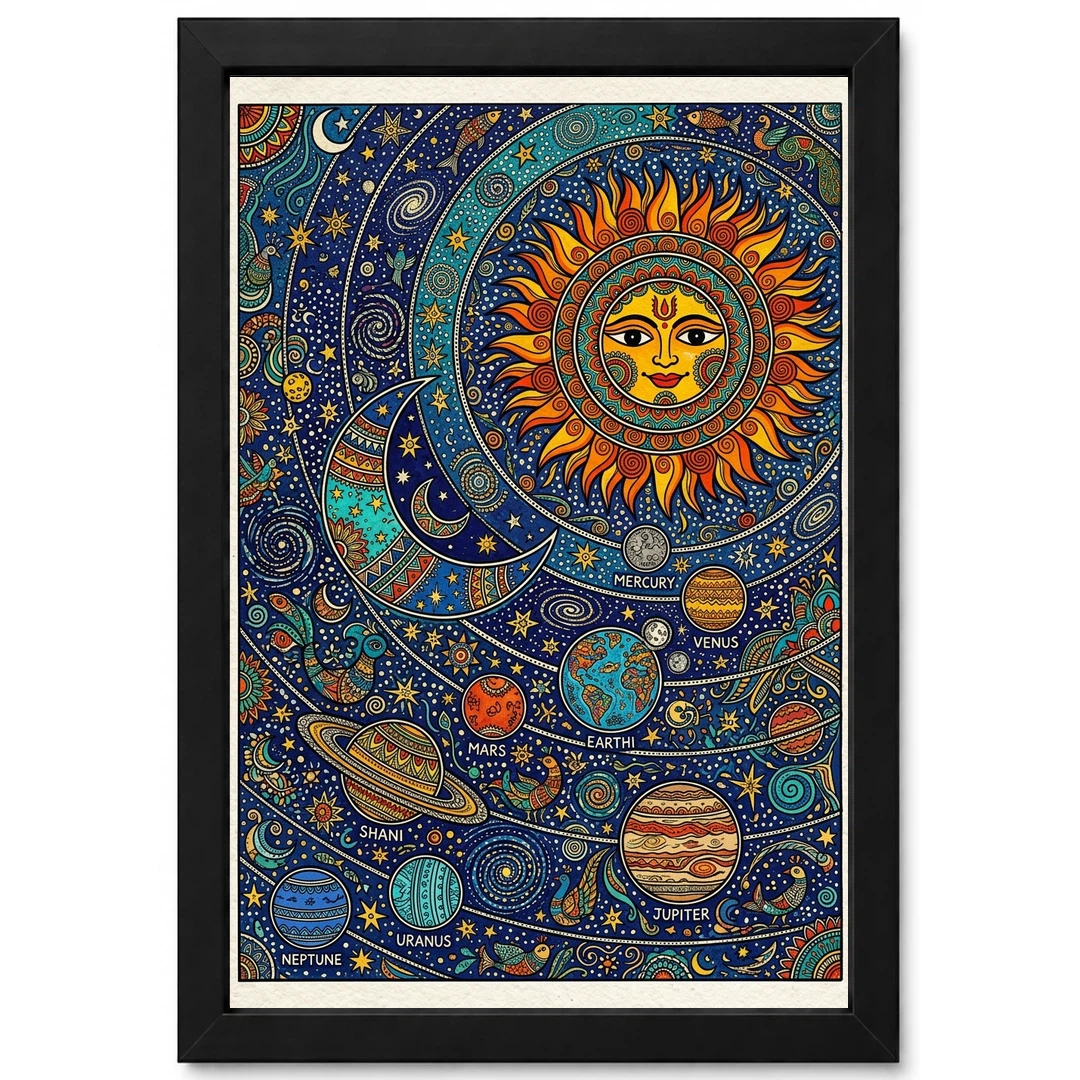 Madhubani Solar System Sun Moon Stars Cosmic Folk Art Photo Frame