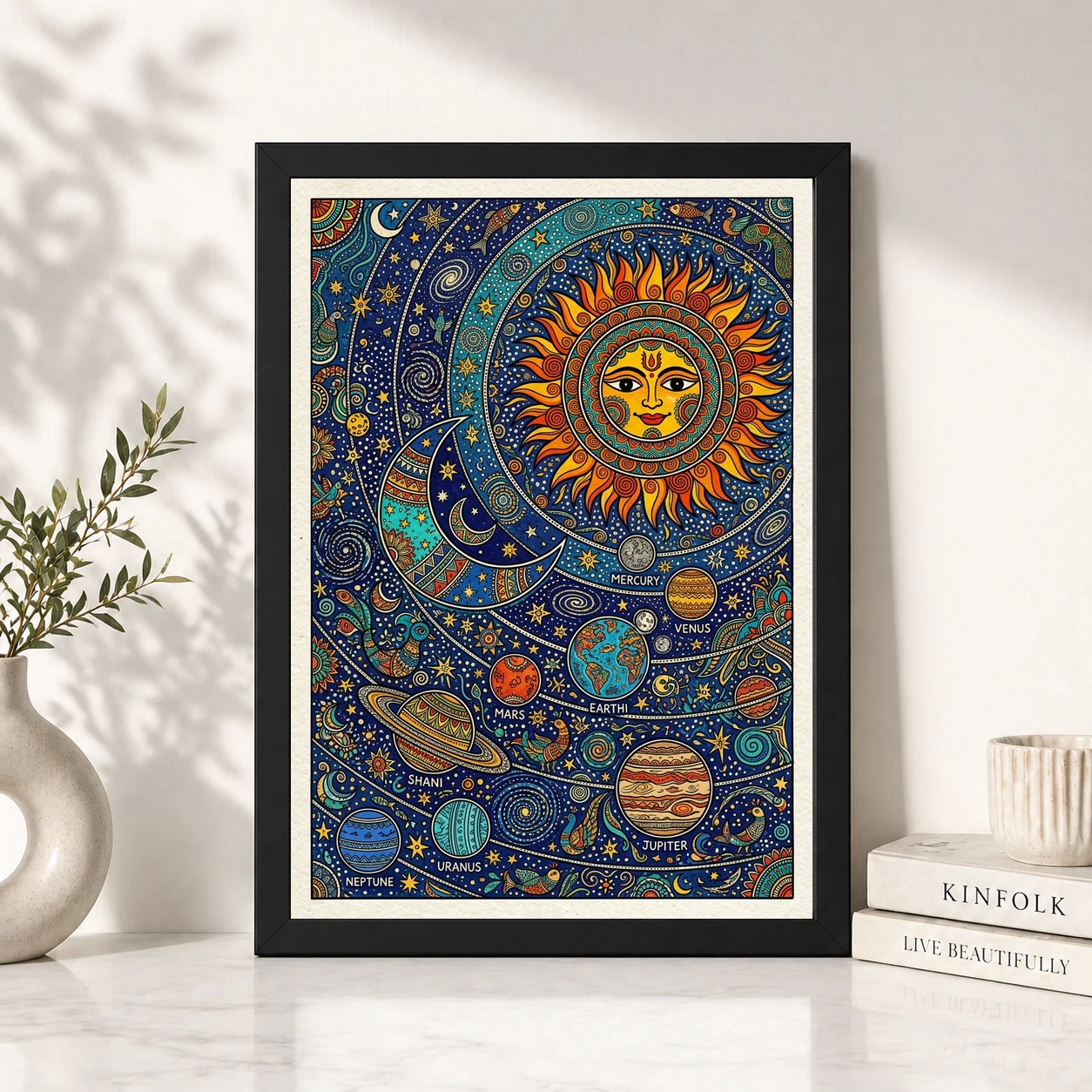 Madhubani Solar System Sun Moon Stars Cosmic Folk Art Photo Frame, view 2