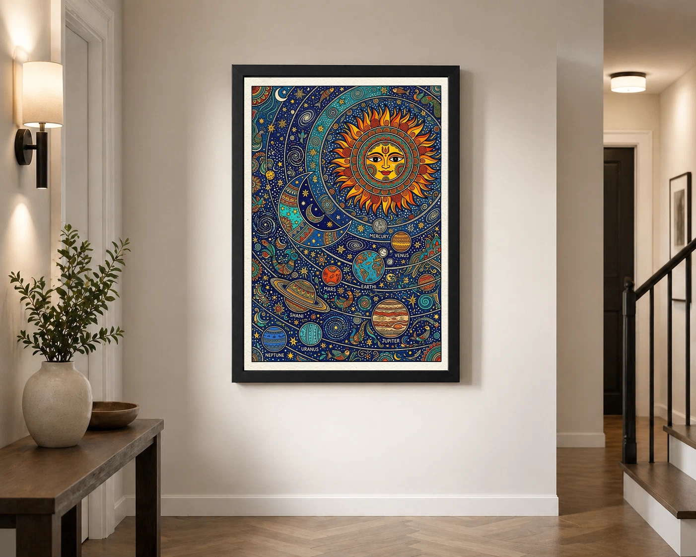 Madhubani Solar System Sun Moon Stars Cosmic Folk Art Photo Frame, view 3