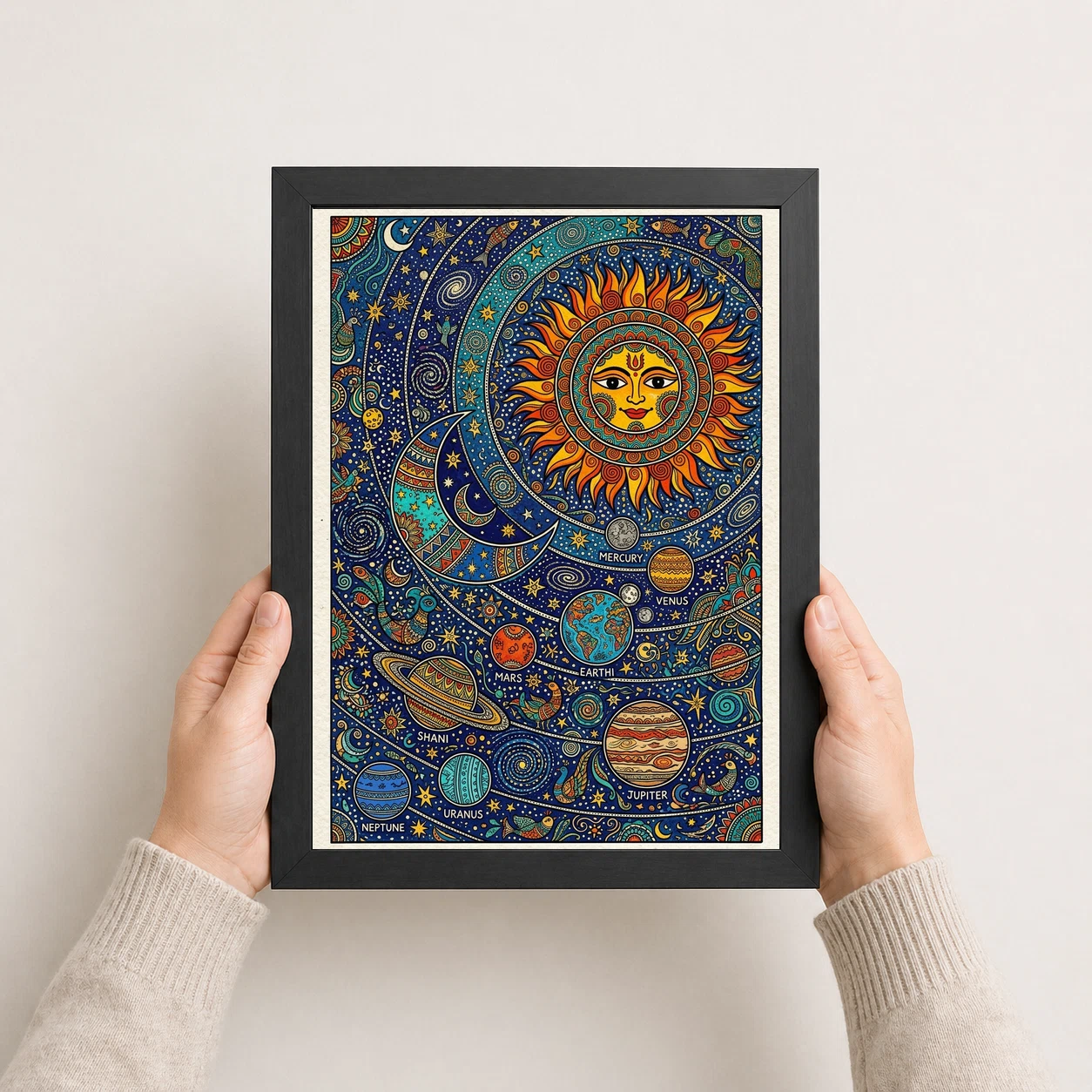 Madhubani Solar System Sun Moon Stars Cosmic Folk Art Photo Frame, view 4