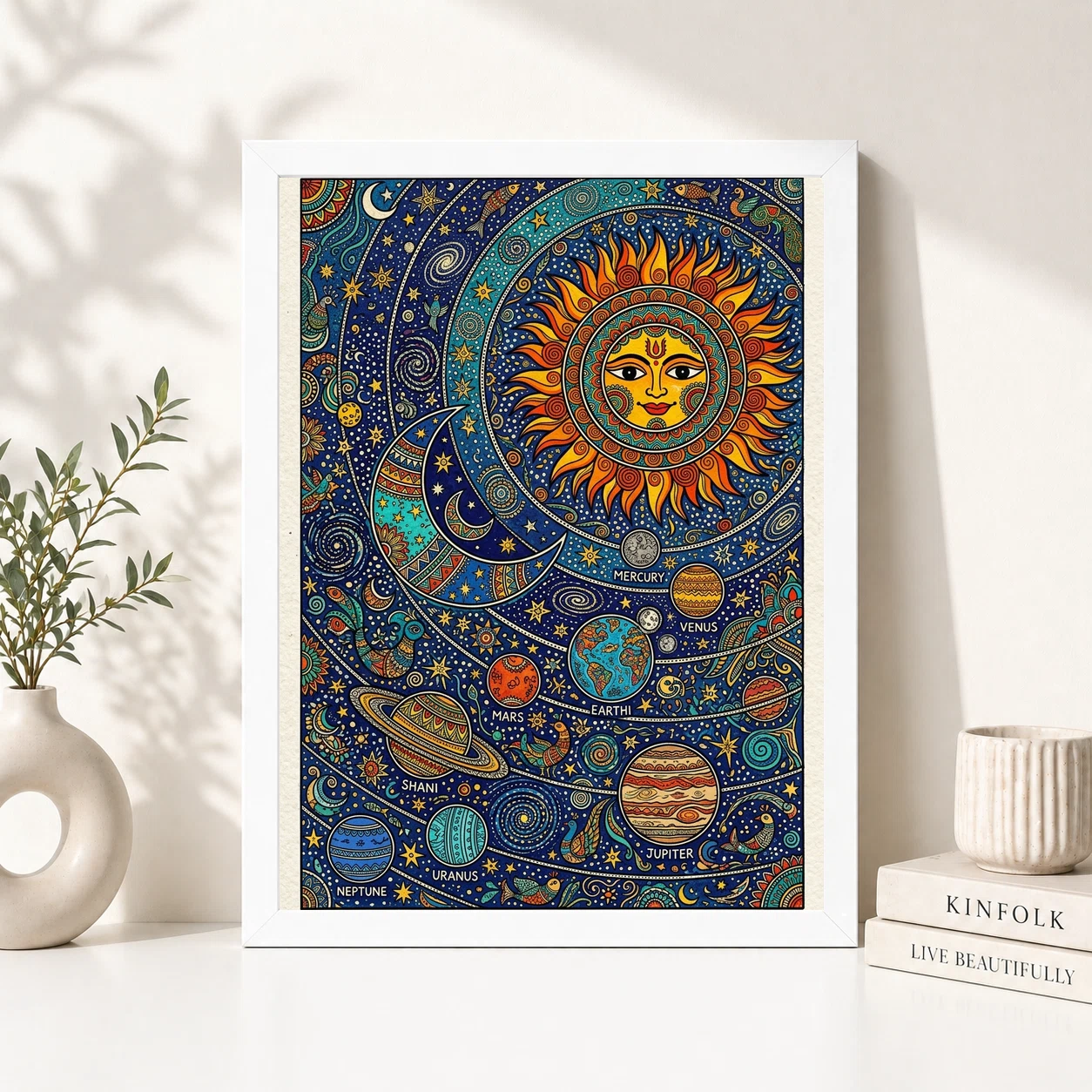 Madhubani Solar System Sun Moon Stars Cosmic Folk Art Photo Frame, view 5