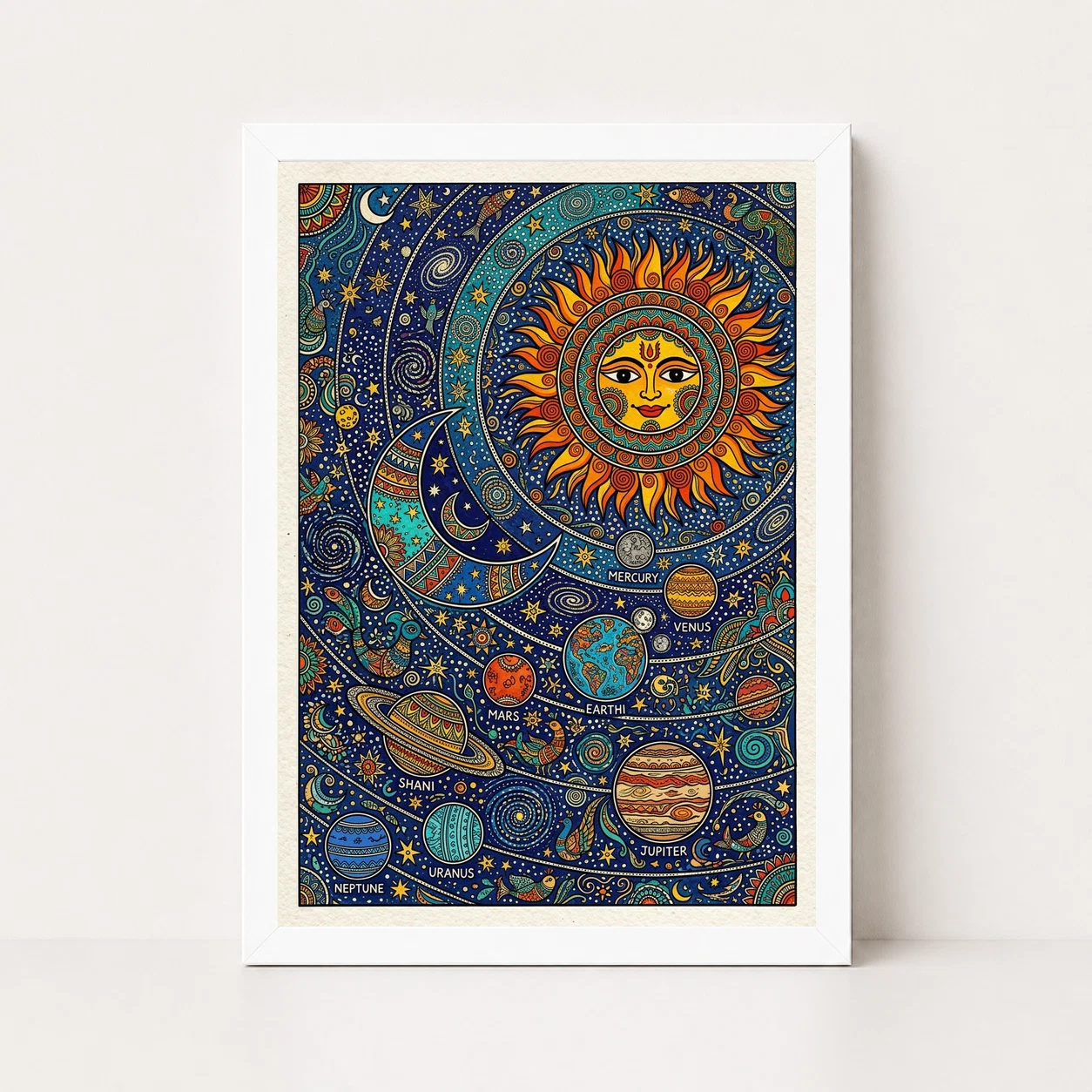 Madhubani Solar System Sun Moon Stars Cosmic Folk Art Photo Frame, view 6