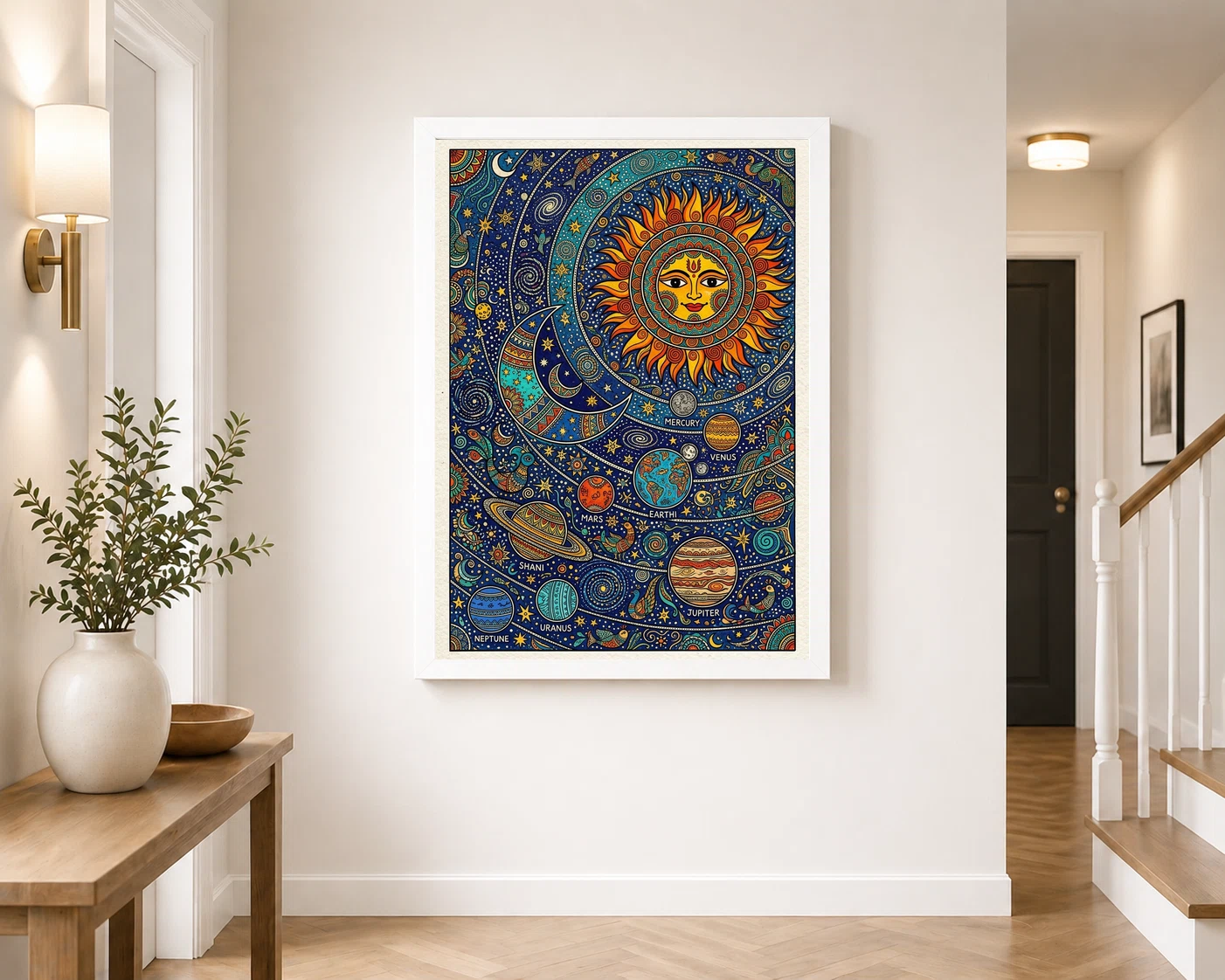Madhubani Solar System Sun Moon Stars Cosmic Folk Art Photo Frame, view 7