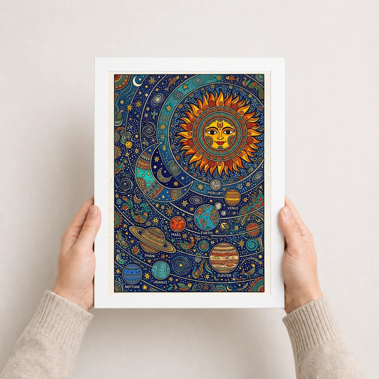Madhubani Solar System Sun Moon Stars Cosmic Folk Art Photo Frame, view 8