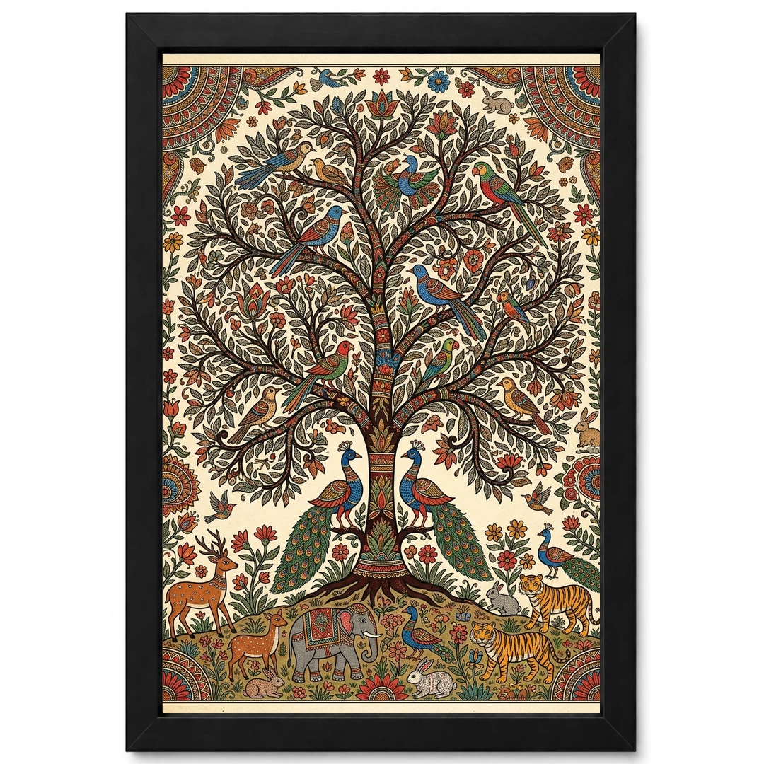 Madhubani Tree Of Life Birds Animals Colorful Folk Art Photo Frame