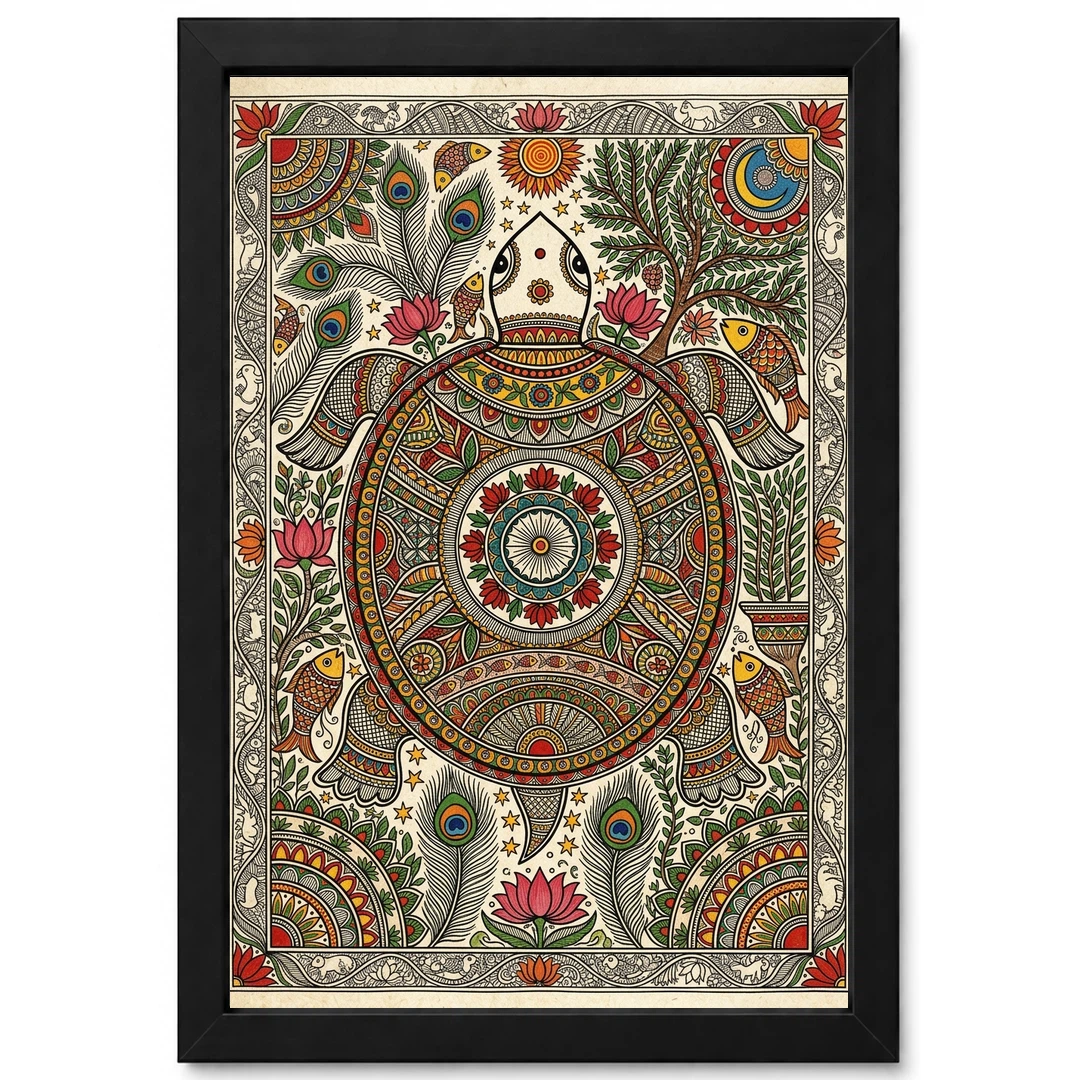 Madhubani Turtle Motif Auspicious Vibrant Intricate Folk Art Photo Frame