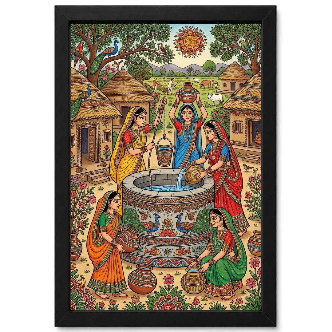 Madhubani Village Life Women Well Rural India Folk Art Photo Frame