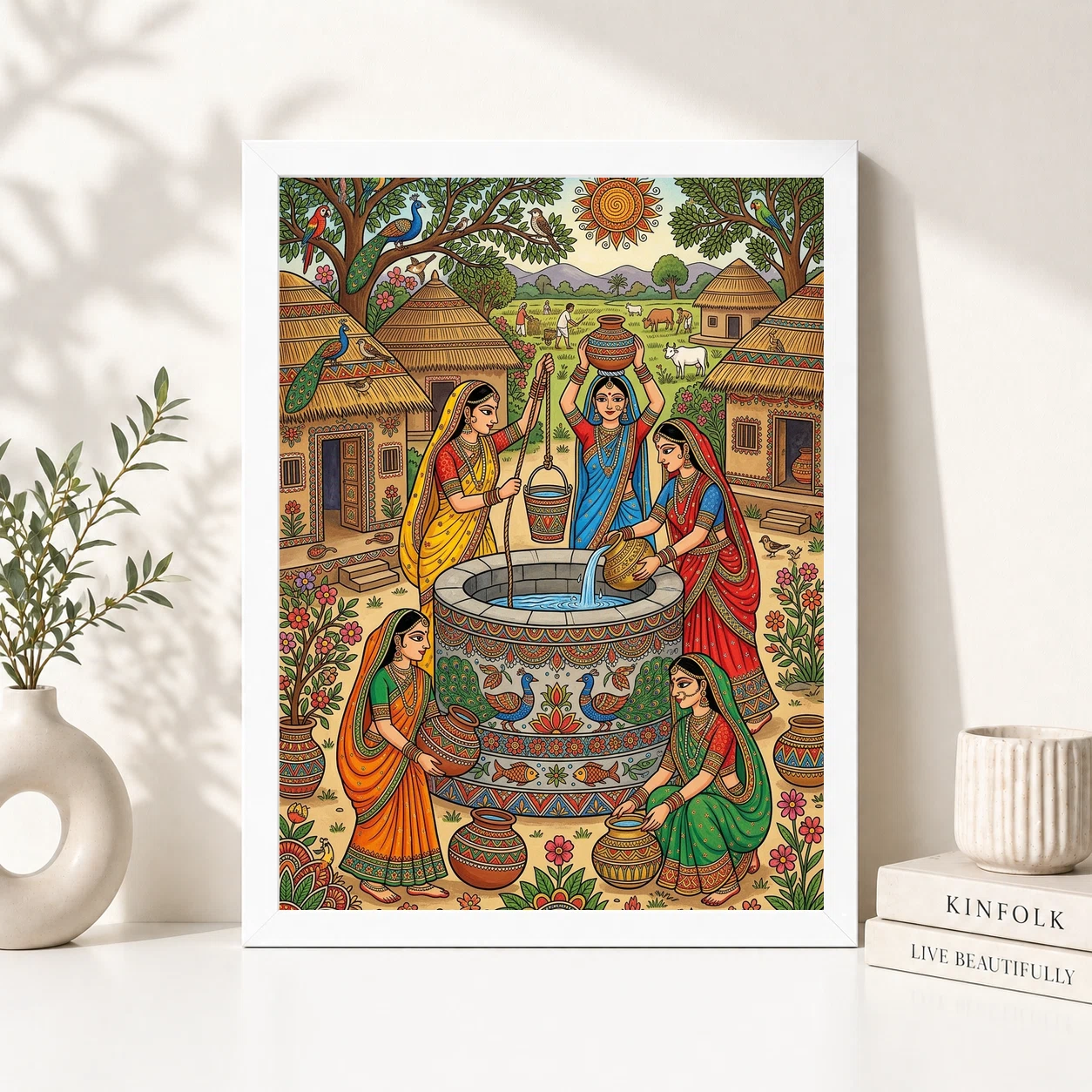 Madhubani Village Life Women Well Rural India Folk Art Photo Frame, view 2