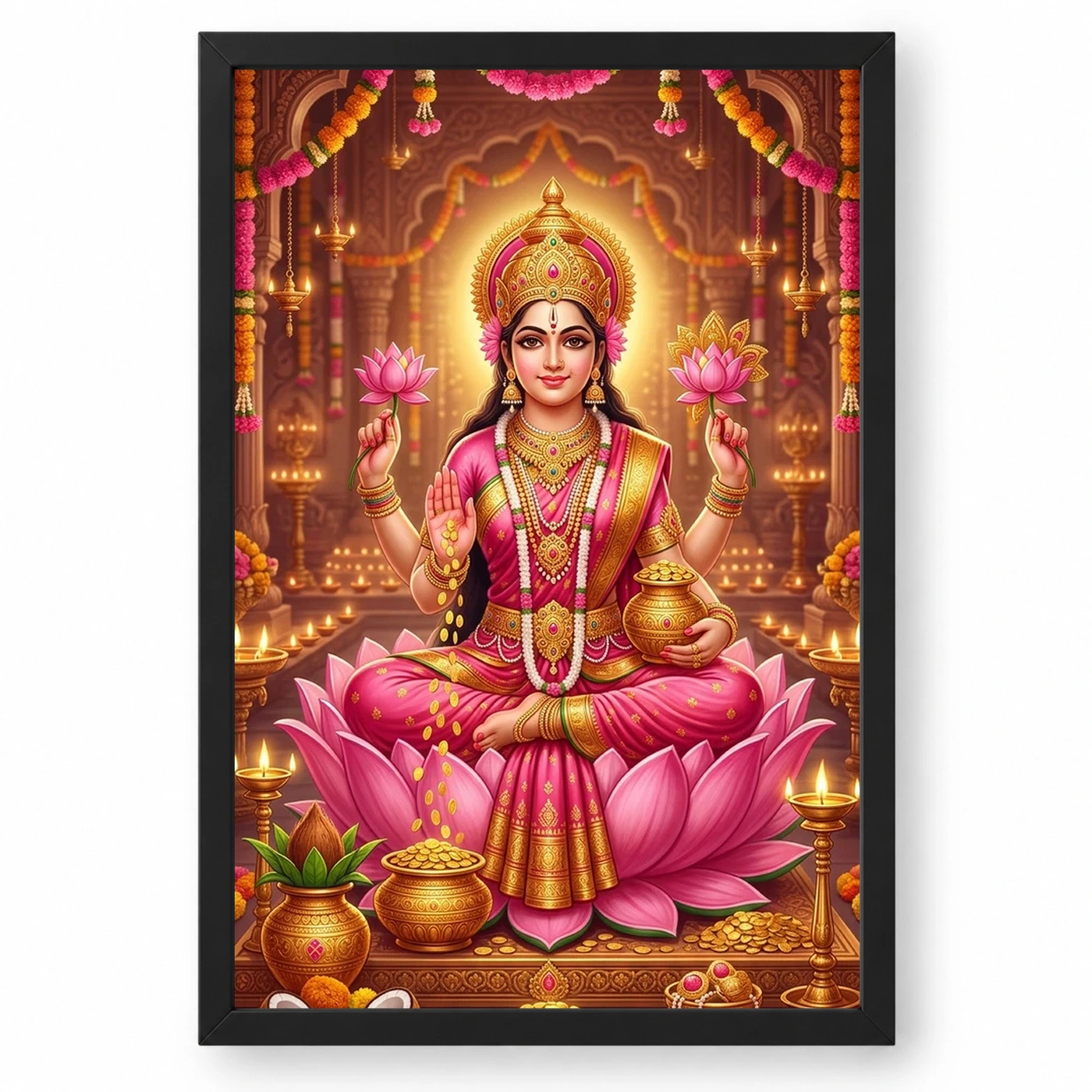 Mahalakshmi Four Arms Lotus Gold Pink Diwali Devotional Art Photo Frame