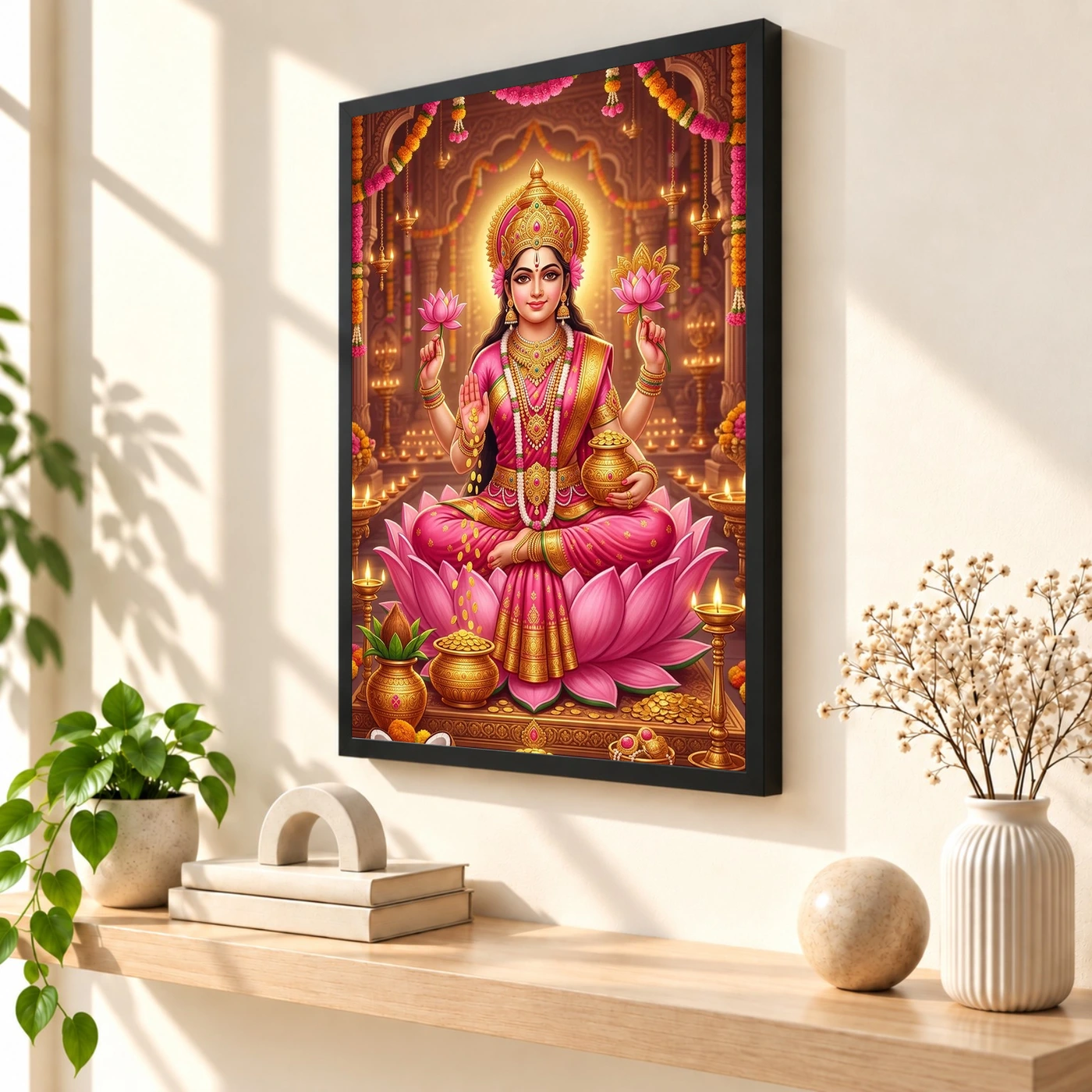 Mahalakshmi Four Arms Lotus Gold Pink Diwali Devotional Art Photo Frame, view 2