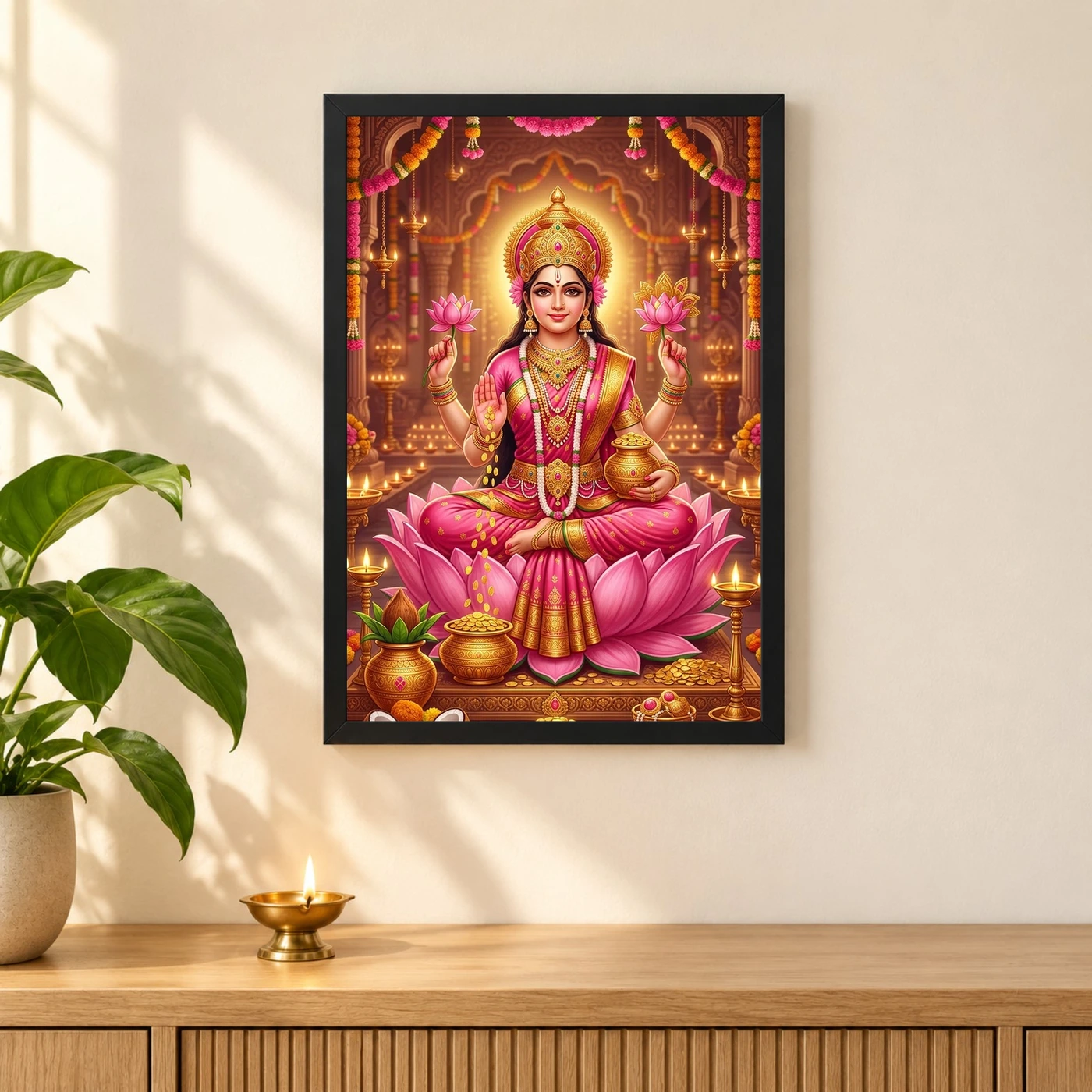 Mahalakshmi Four Arms Lotus Gold Pink Diwali Devotional Art Photo Frame, view 3
