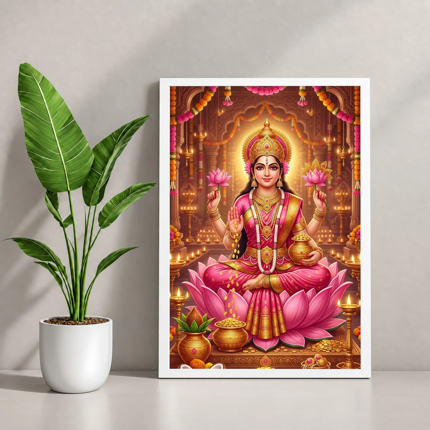 Mahalakshmi Four Arms Lotus Gold Pink Diwali Devotional Art Photo Frame, view 4