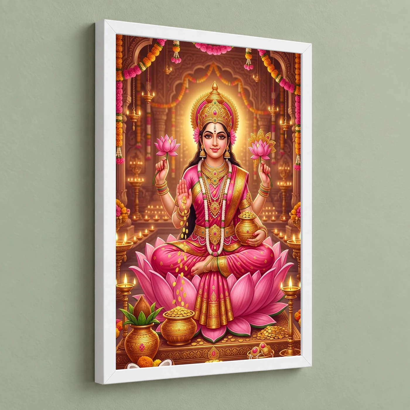 Mahalakshmi Four Arms Lotus Gold Pink Diwali Devotional Art Photo Frame, view 5