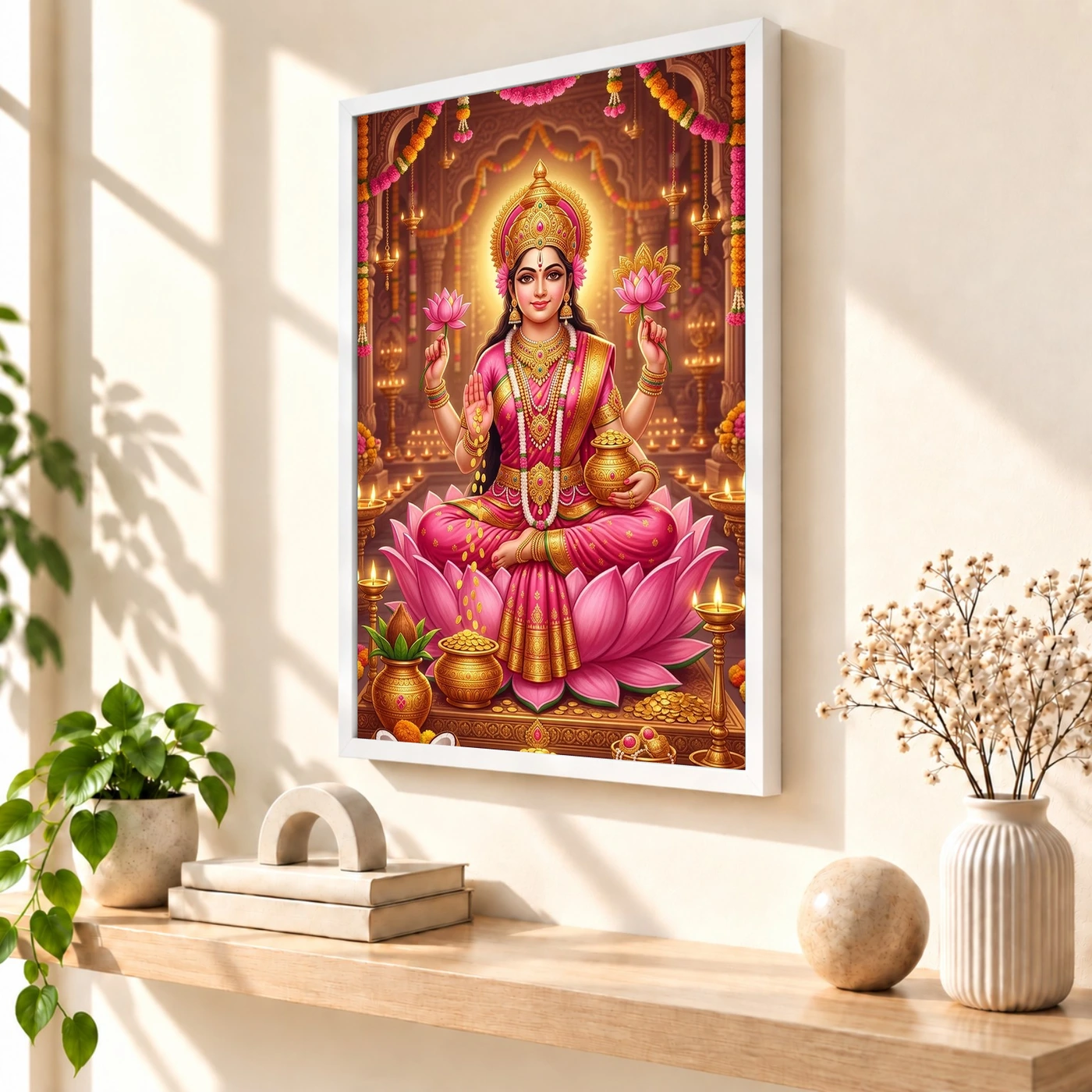 Mahalakshmi Four Arms Lotus Gold Pink Diwali Devotional Art Photo Frame, view 7