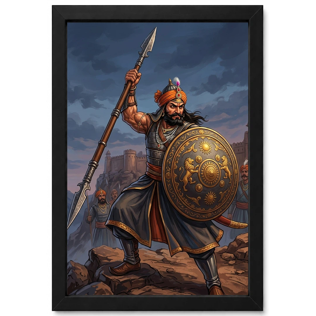 Maharana Pratap Lifting Spear Shield Warrior Strength Art Photo Frame