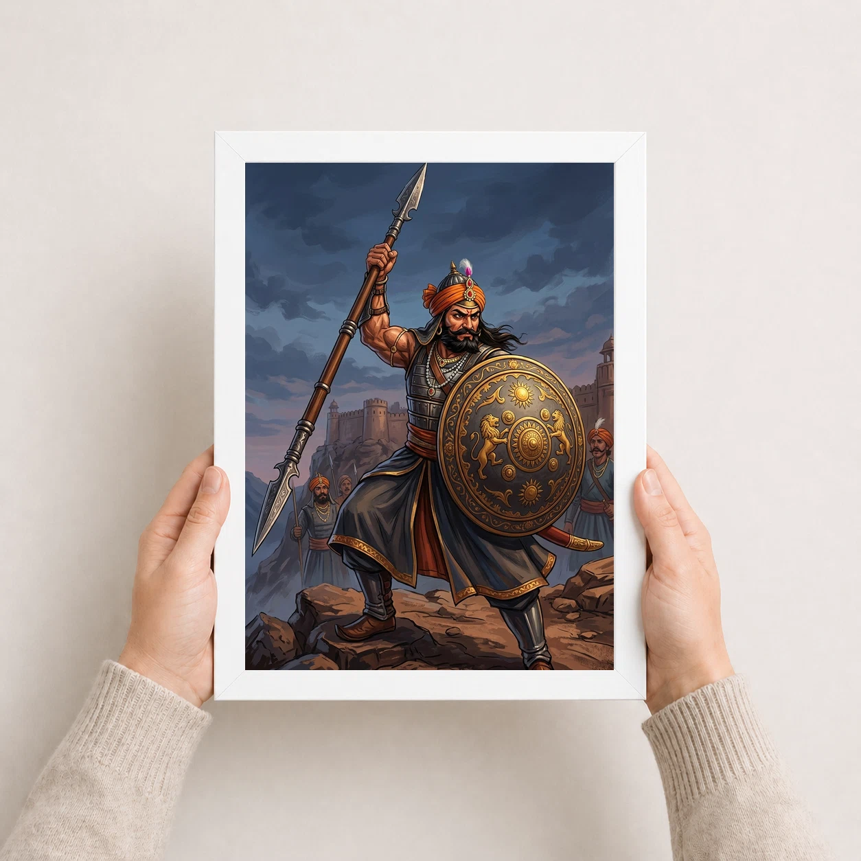 Maharana Pratap Lifting Spear Shield Warrior Strength Art Photo Frame, view 5