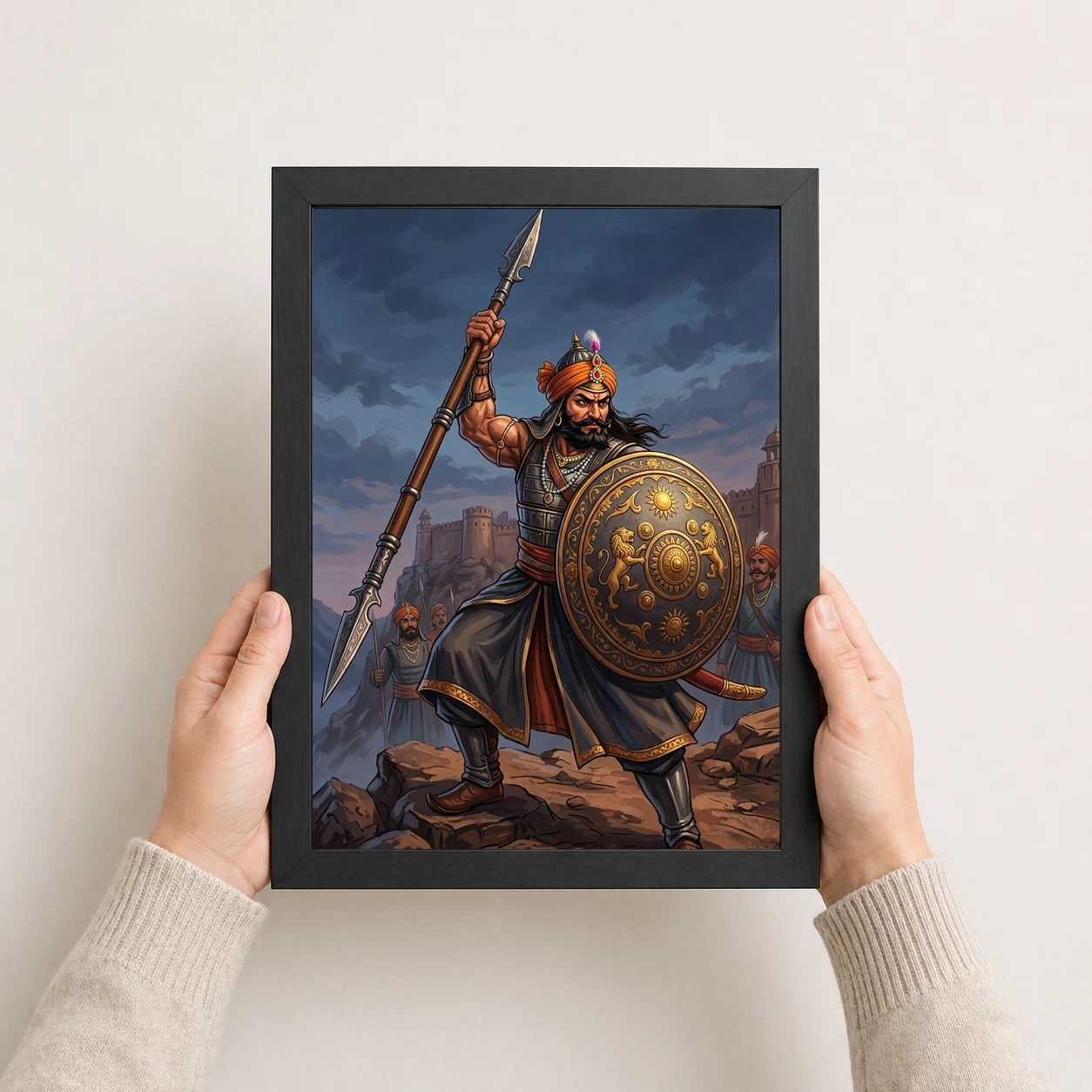 Maharana Pratap Lifting Spear Shield Warrior Strength Art Photo Frame, view 8
