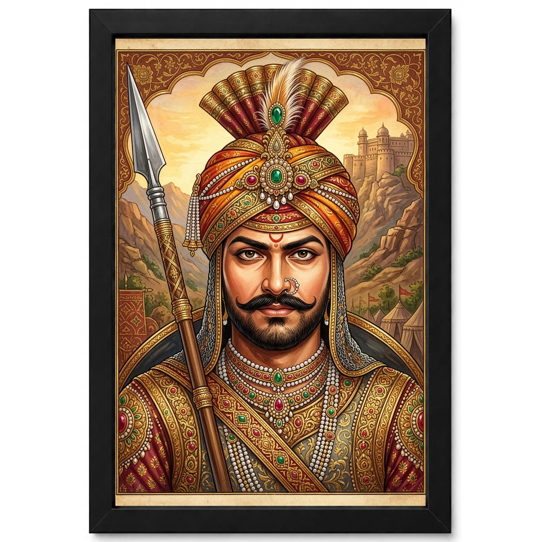 Maharana Pratap Portrait Royal Turban Spear Rajasthani Art Photo Frame