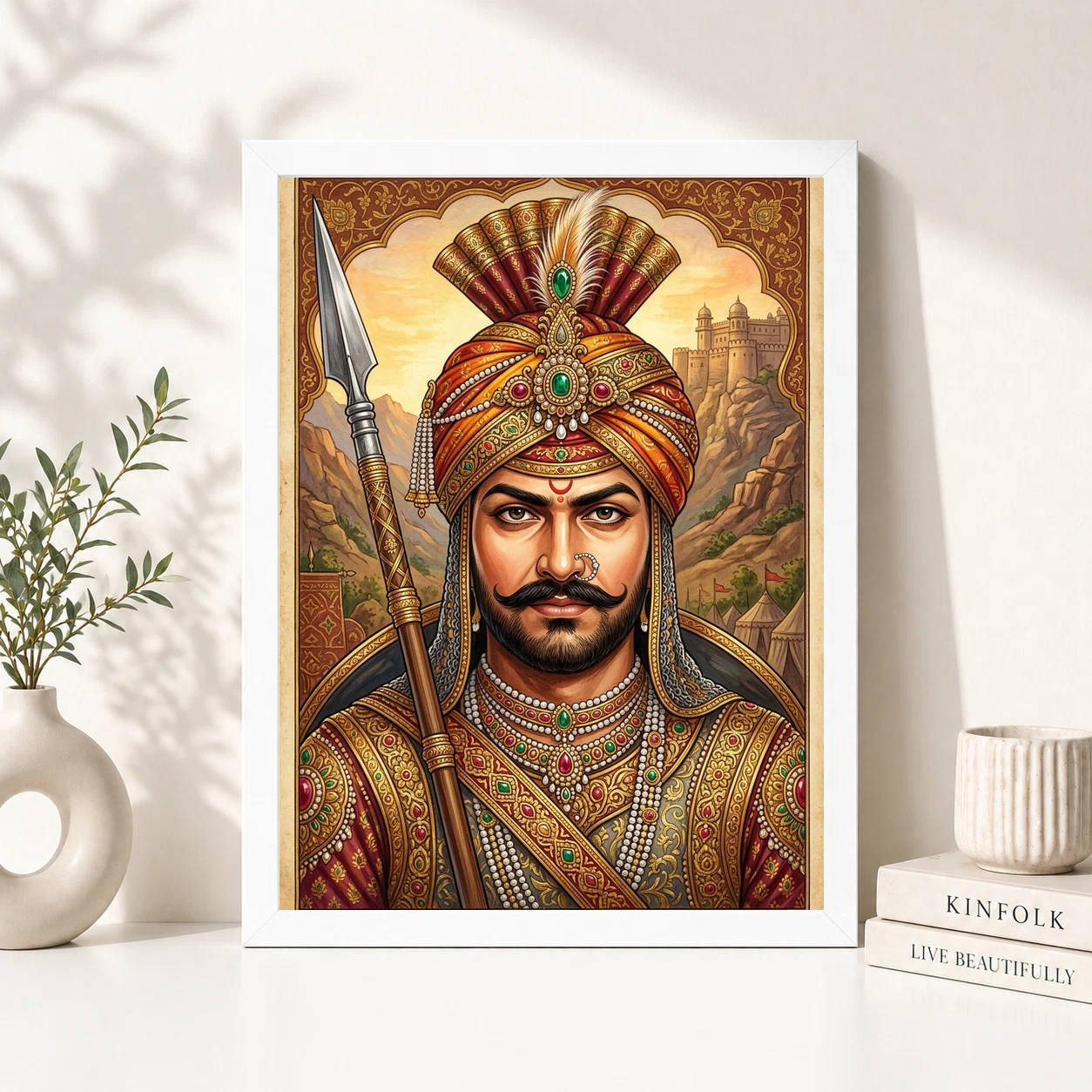 Maharana Pratap Portrait Royal Turban Spear Rajasthani Art Photo Frame, view 2