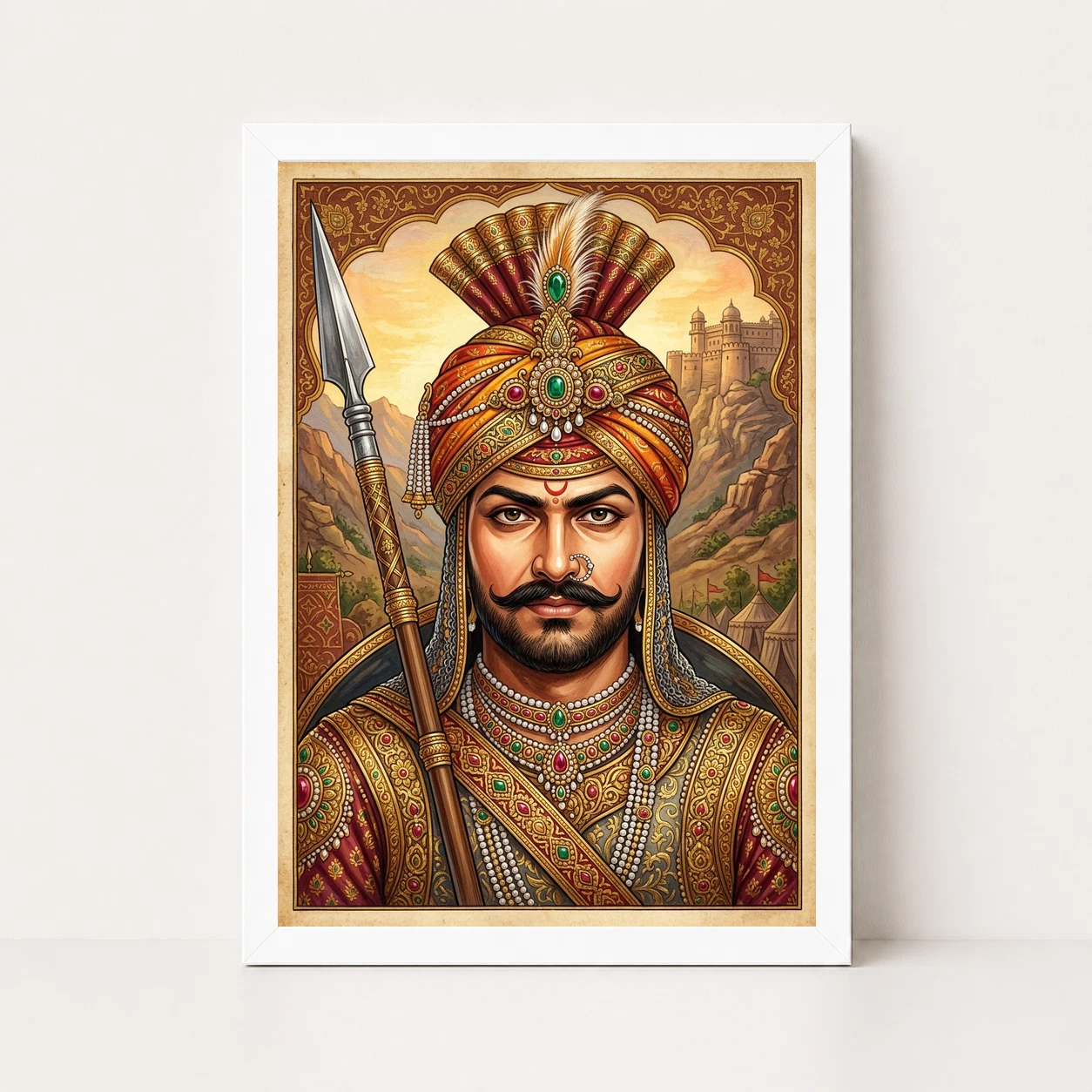Maharana Pratap Portrait Royal Turban Spear Rajasthani Art Photo Frame, view 3