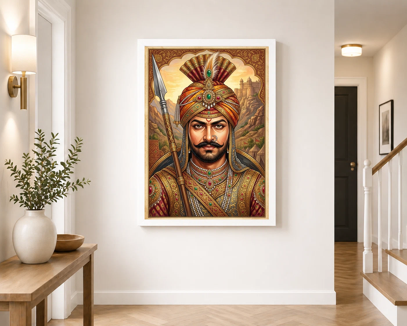 Maharana Pratap Portrait Royal Turban Spear Rajasthani Art Photo Frame, view 4