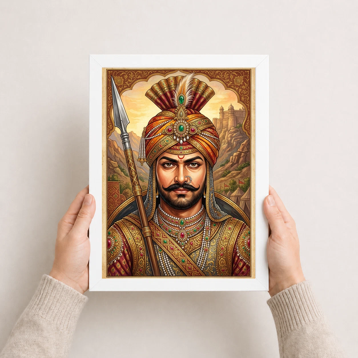 Maharana Pratap Portrait Royal Turban Spear Rajasthani Art Photo Frame, view 5