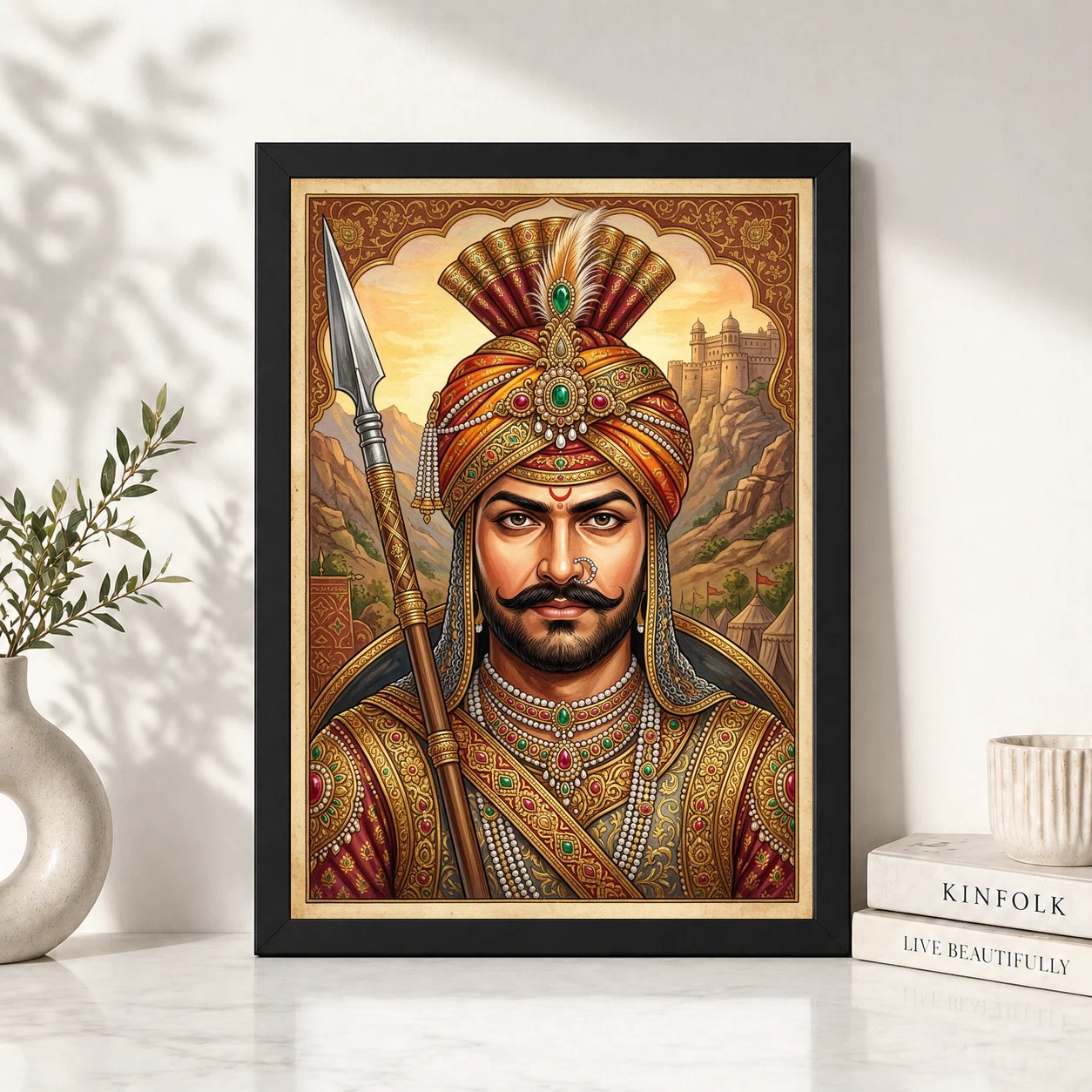 Maharana Pratap Portrait Royal Turban Spear Rajasthani Art Photo Frame, view 6