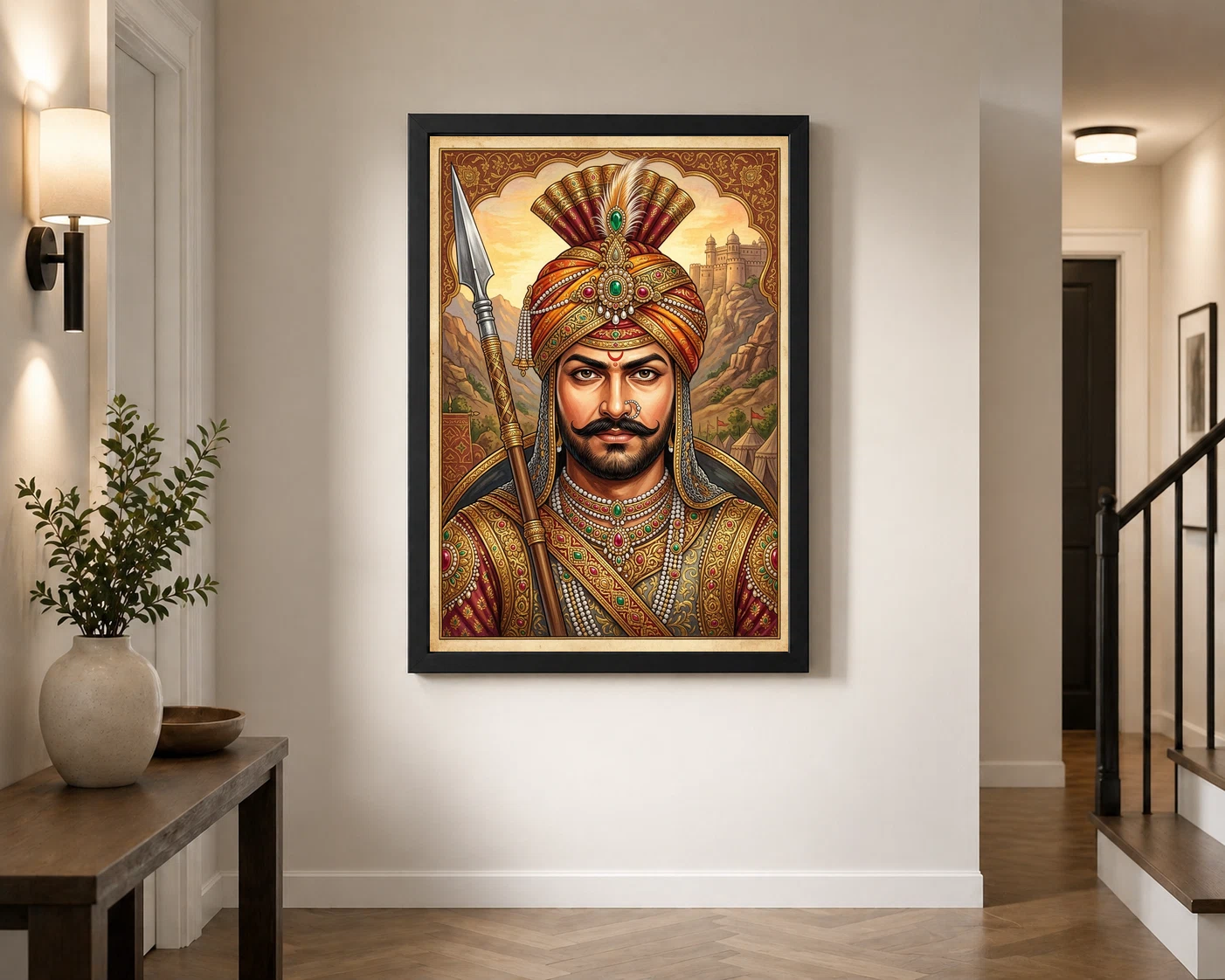 Maharana Pratap Portrait Royal Turban Spear Rajasthani Art Photo Frame, view 7