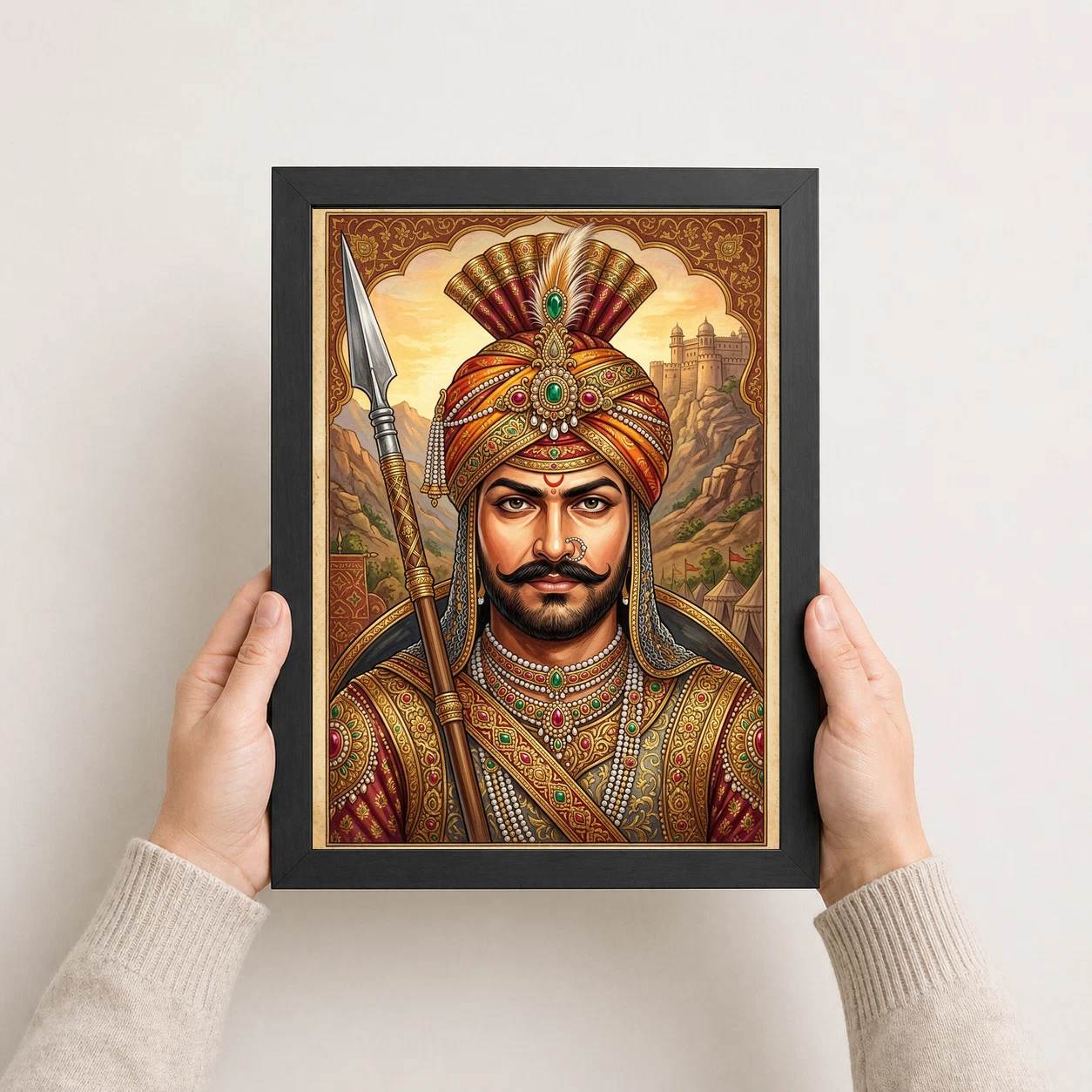 Maharana Pratap Portrait Royal Turban Spear Rajasthani Art Photo Frame, view 8