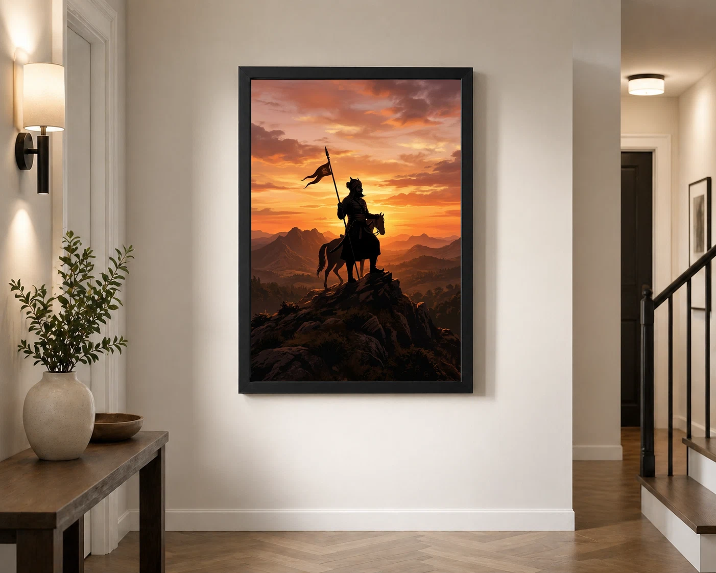 Maharana Pratap Silhouette Aravalli Saffron Sunset Pride Art Photo Frame, view 3