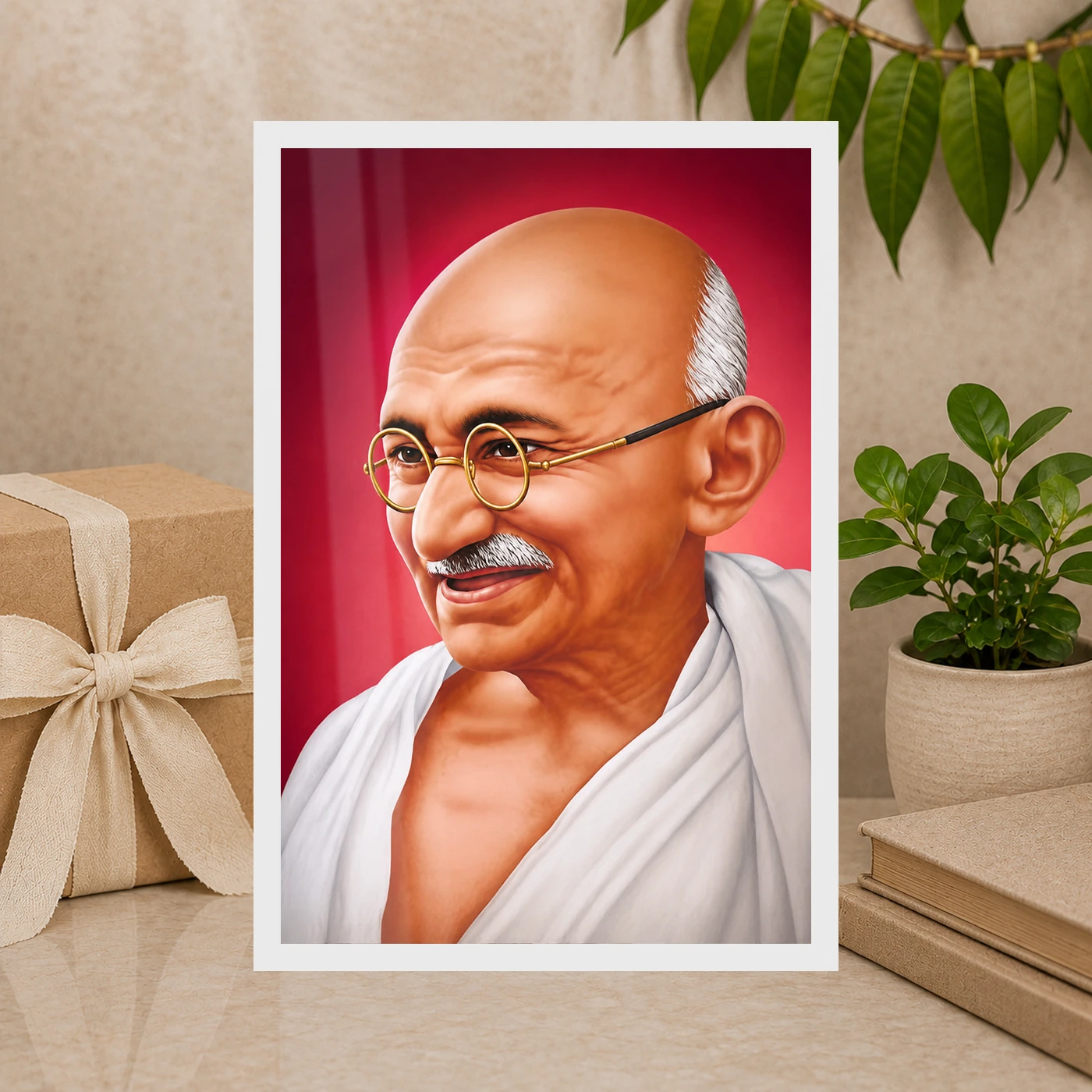 Mahatma Gandhi Crimson Background Portrait Photo Frame, view 10