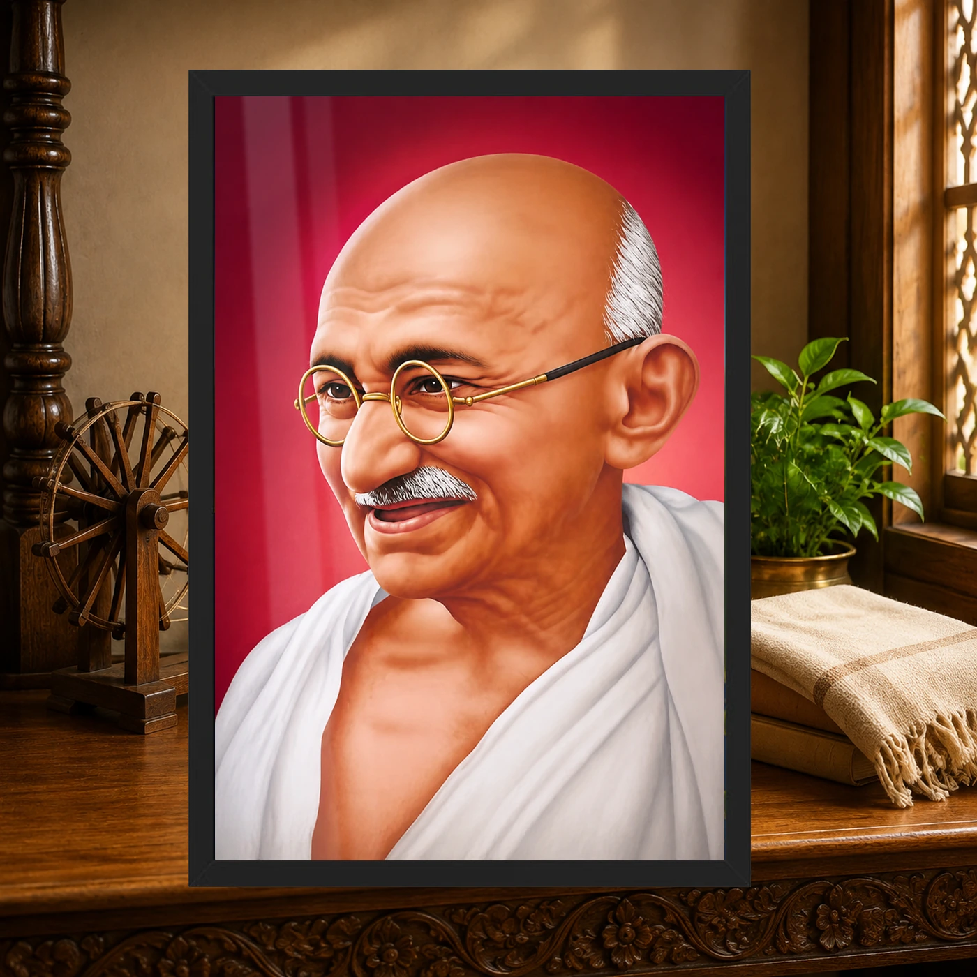 Mahatma Gandhi Crimson Background Portrait Photo Frame, view 4