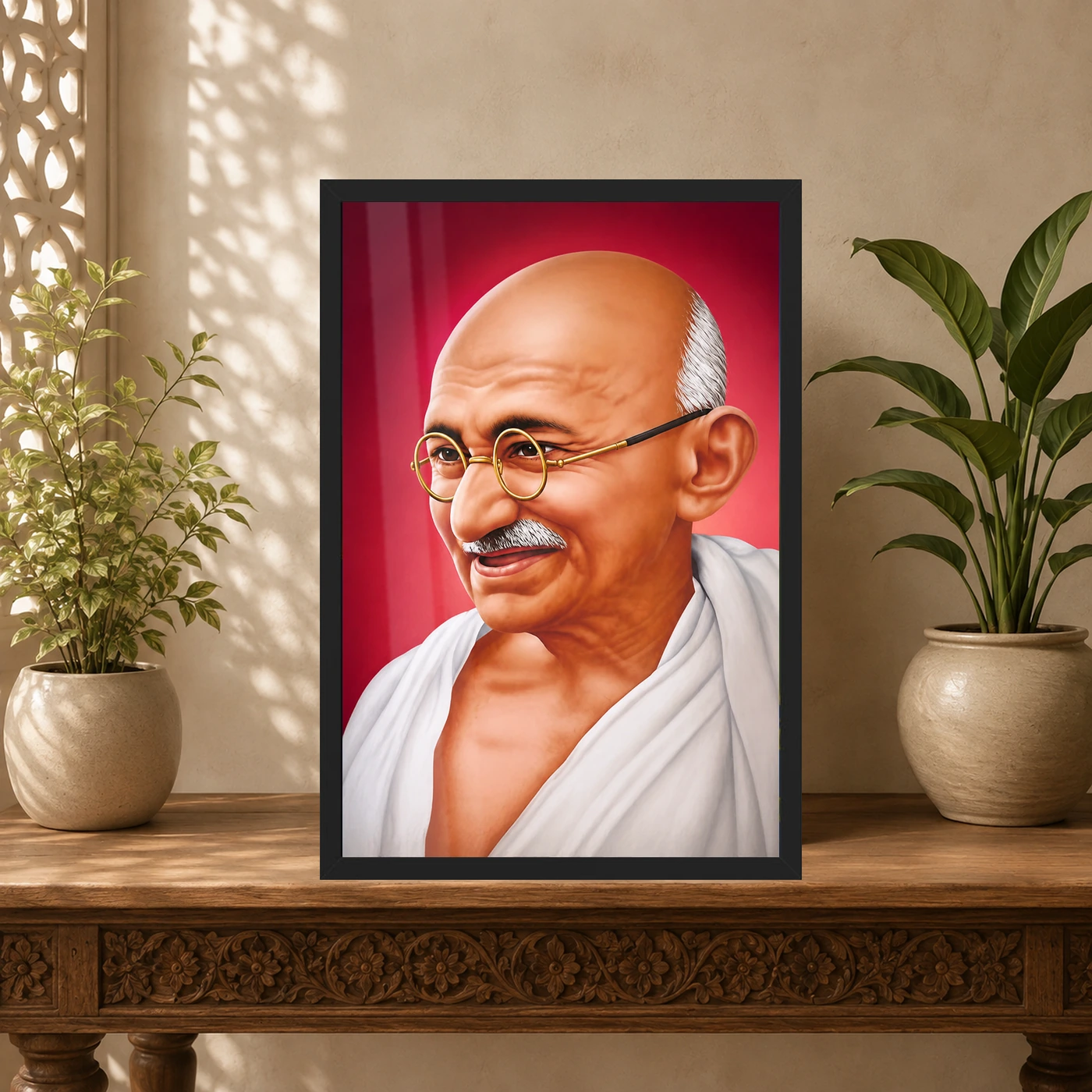 Mahatma Gandhi Crimson Background Portrait Photo Frame, view 5